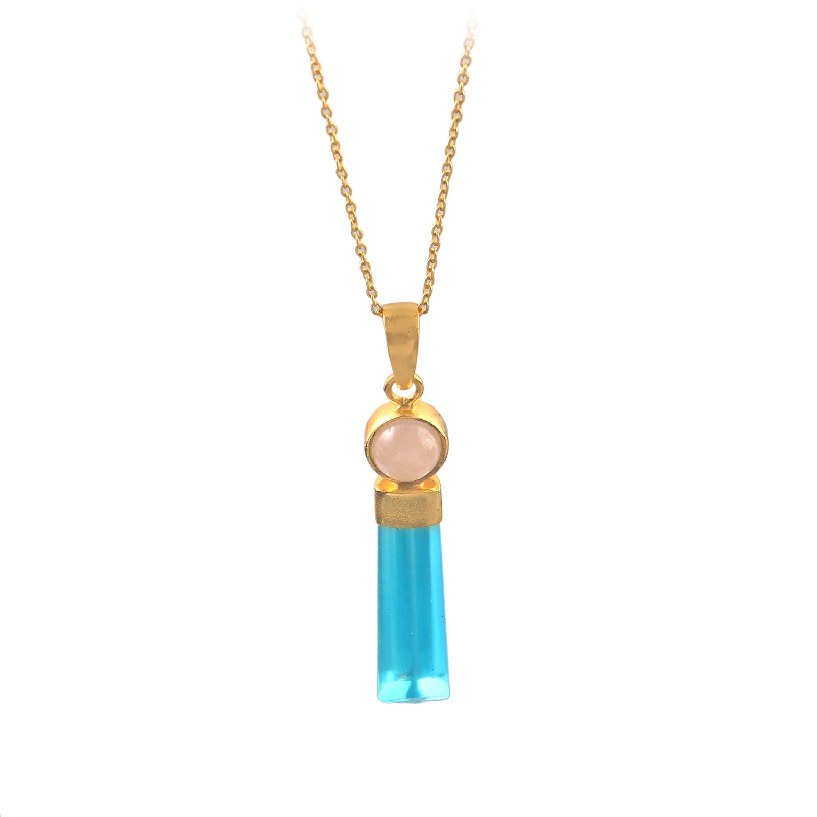 925 Sterling Silver Pencil Cut Blue Glass Stone With Rose Quartz Pendant Necklace