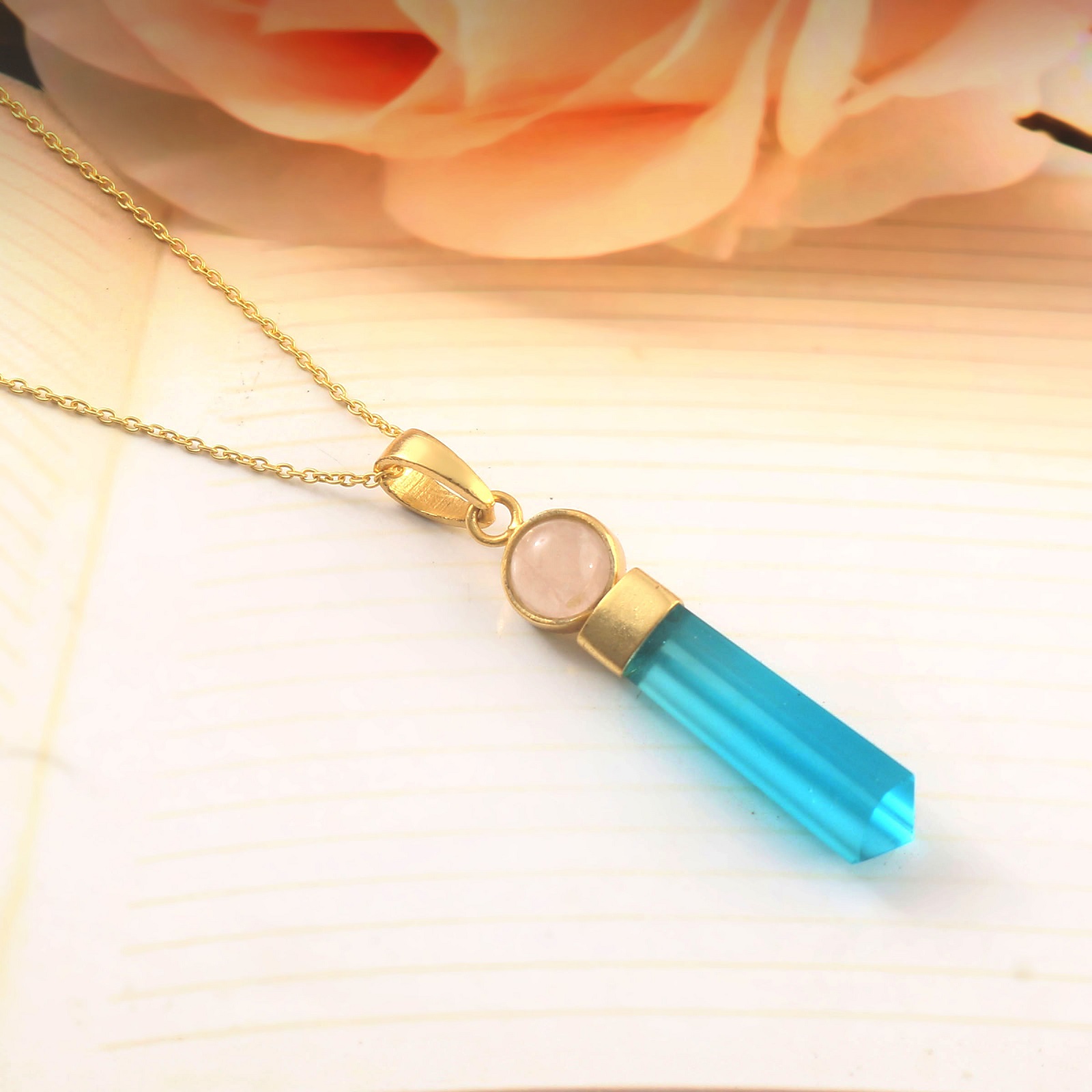 925 Sterling Silver Pencil Cut Blue Glass Stone With Rose Quartz Pendant Necklace