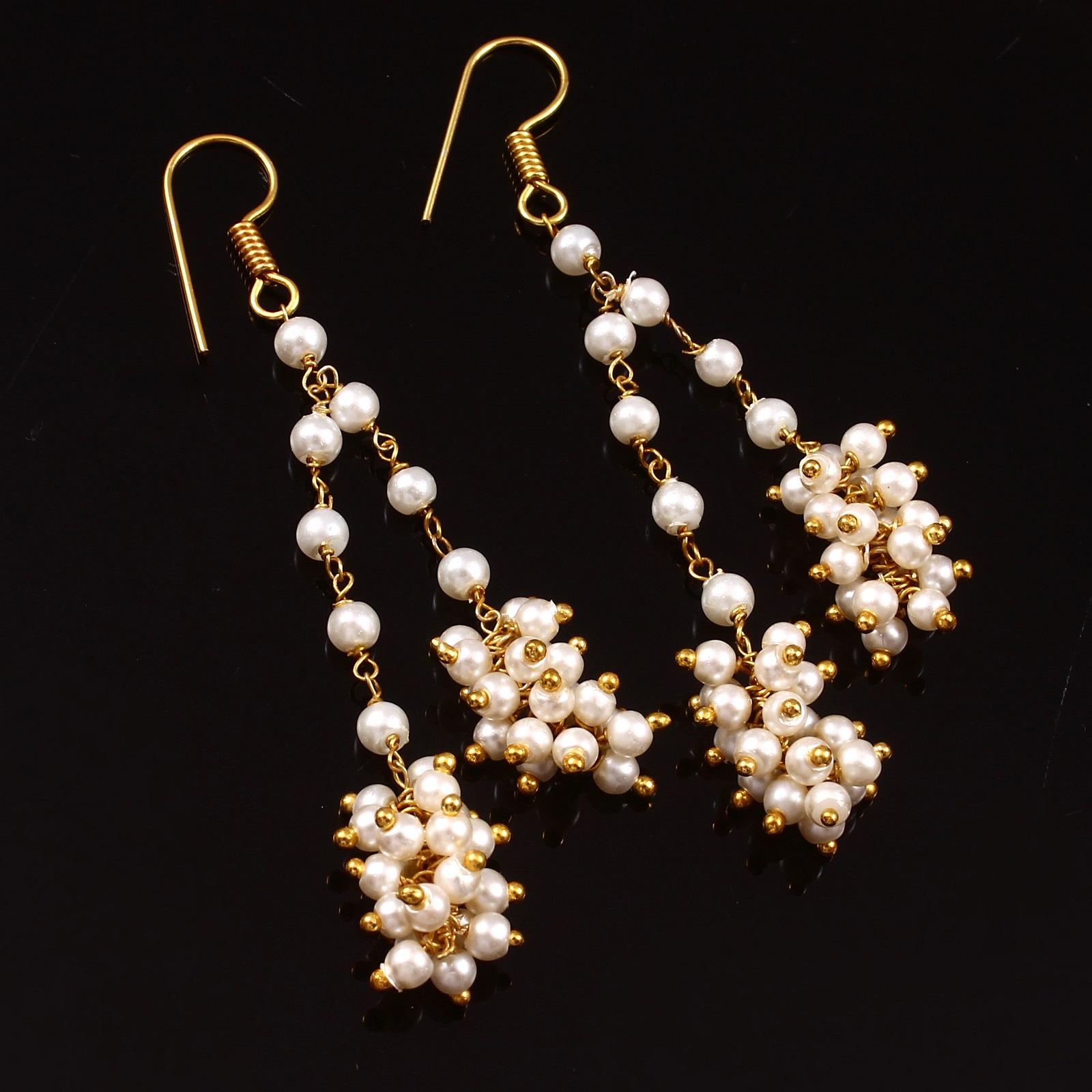Gold Plated 925 Sterling Silver Pearl Beads Womens Earrings