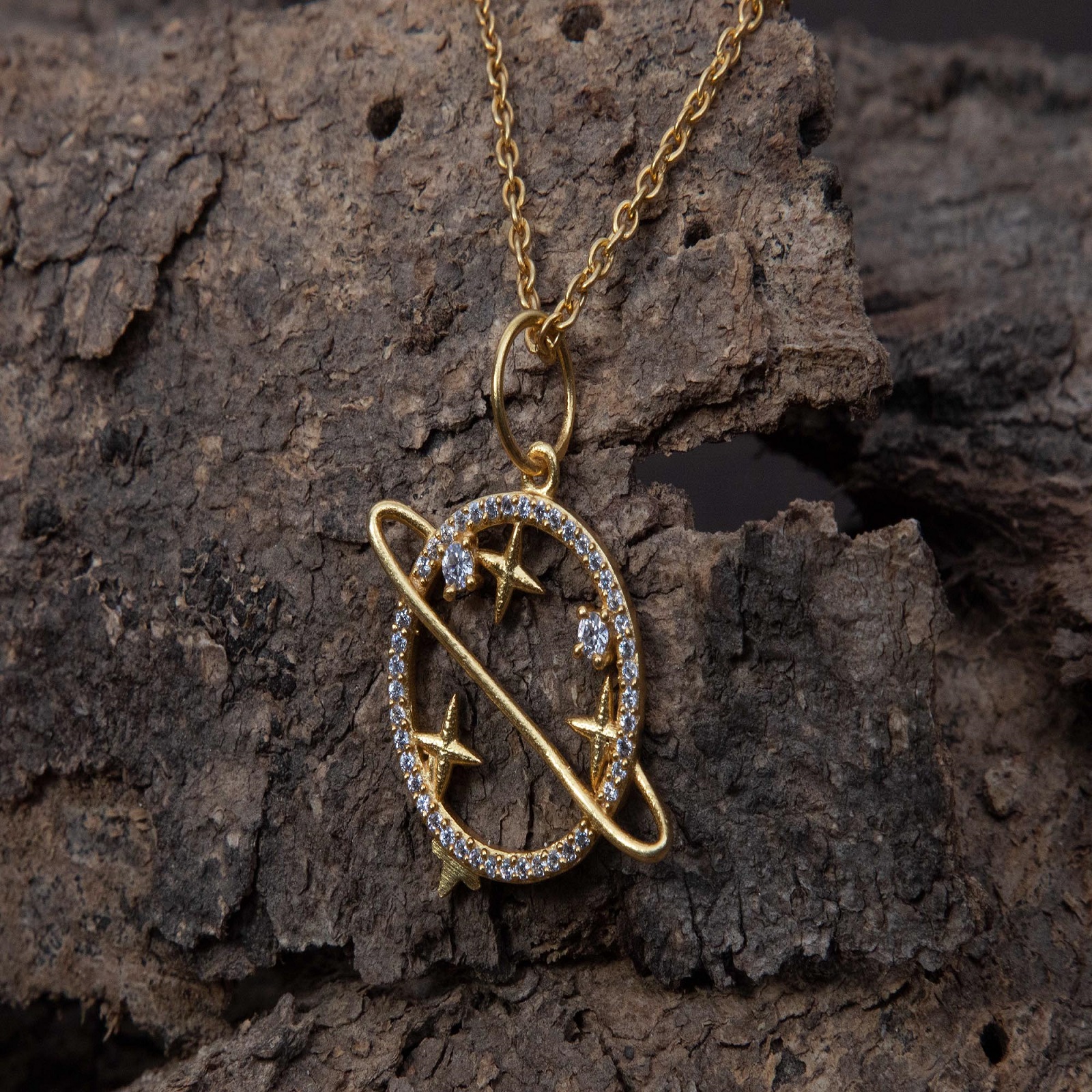 925 Sterling Silver White CZ Saturn Star Pendant Necklace