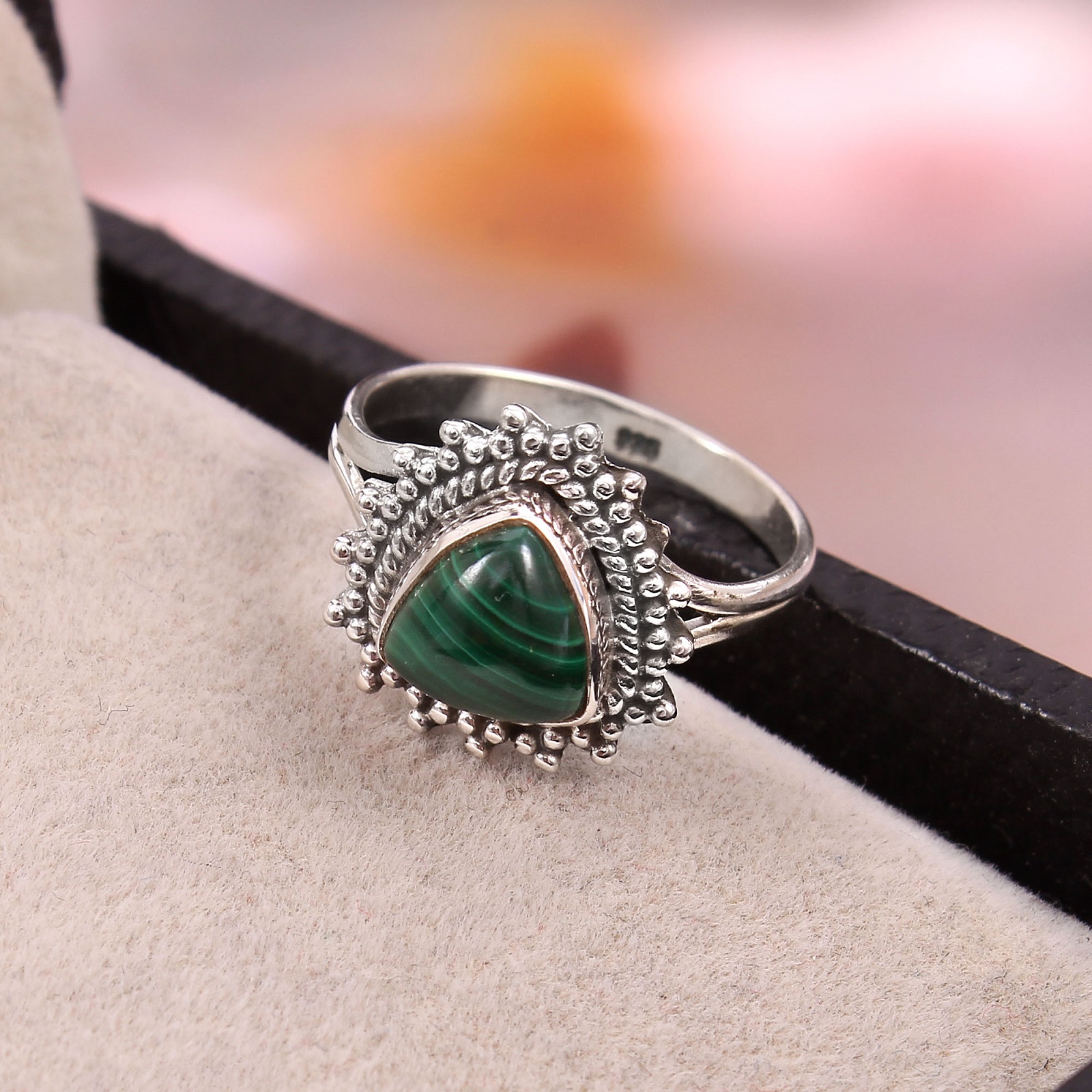 925 Sterling Silver Trillion Malachite Green Ring