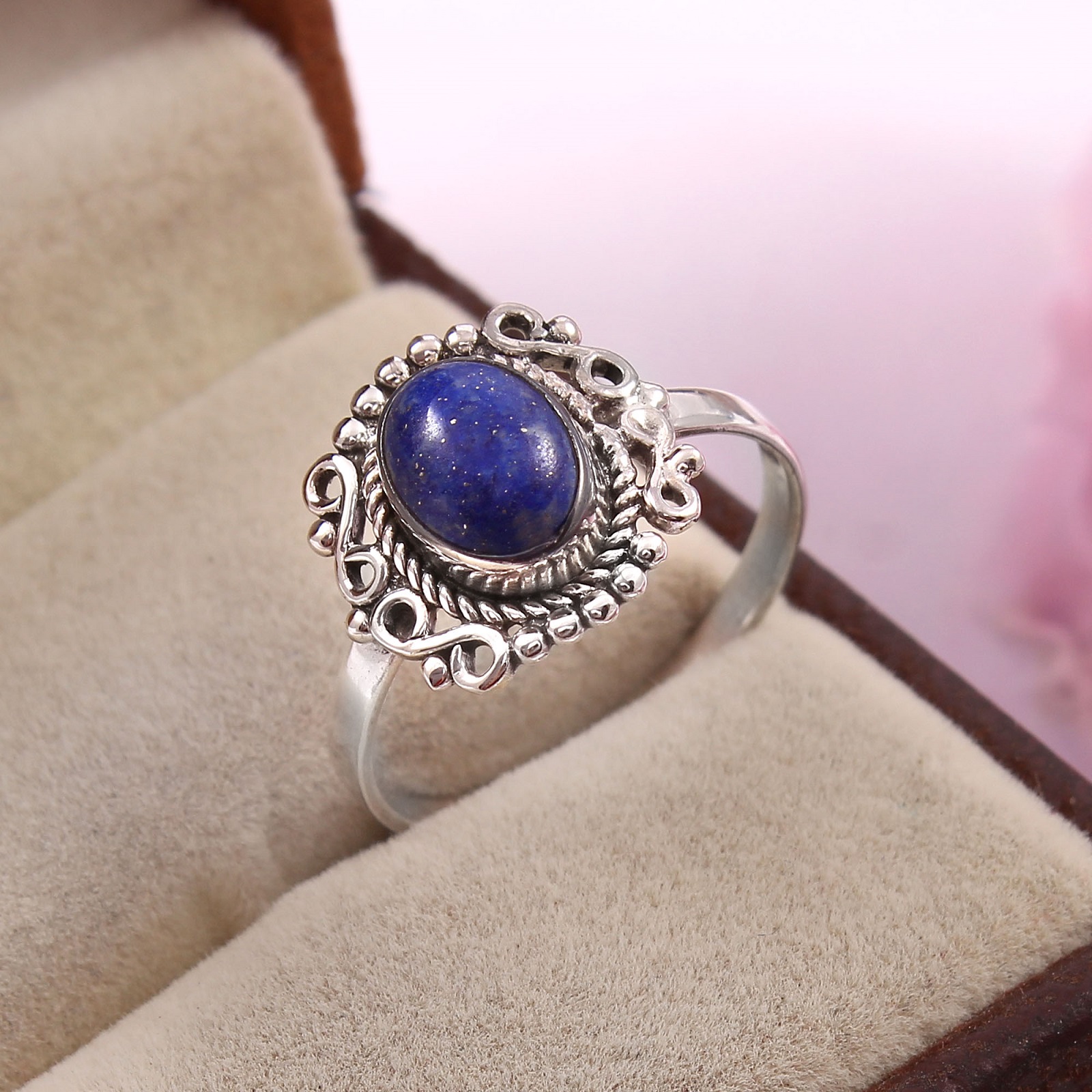 925 Sterling Silver Women Cabochon Lapis Lazuli Oval Ring
