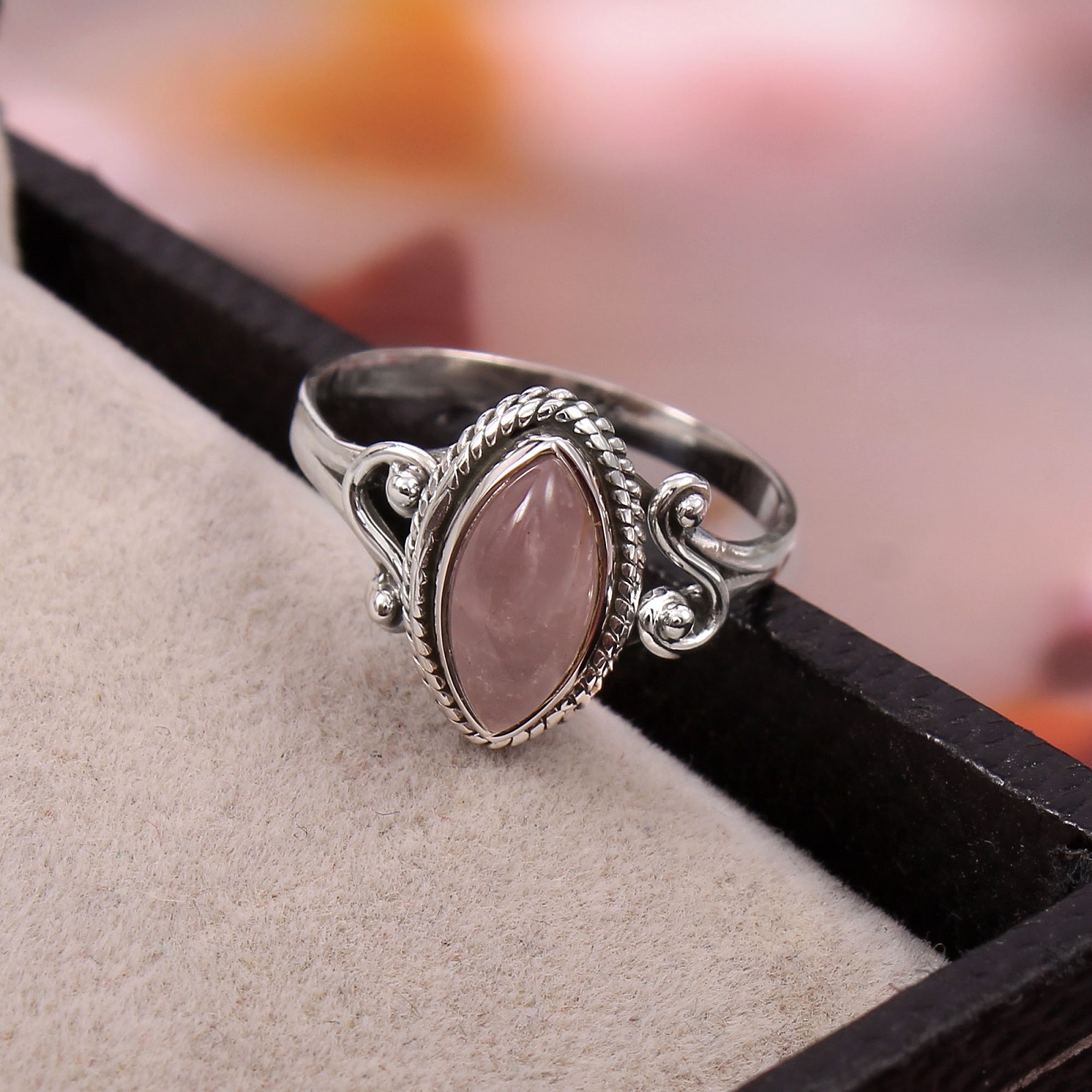 925 Sterling Silver Rose Quartz Marquise Ring