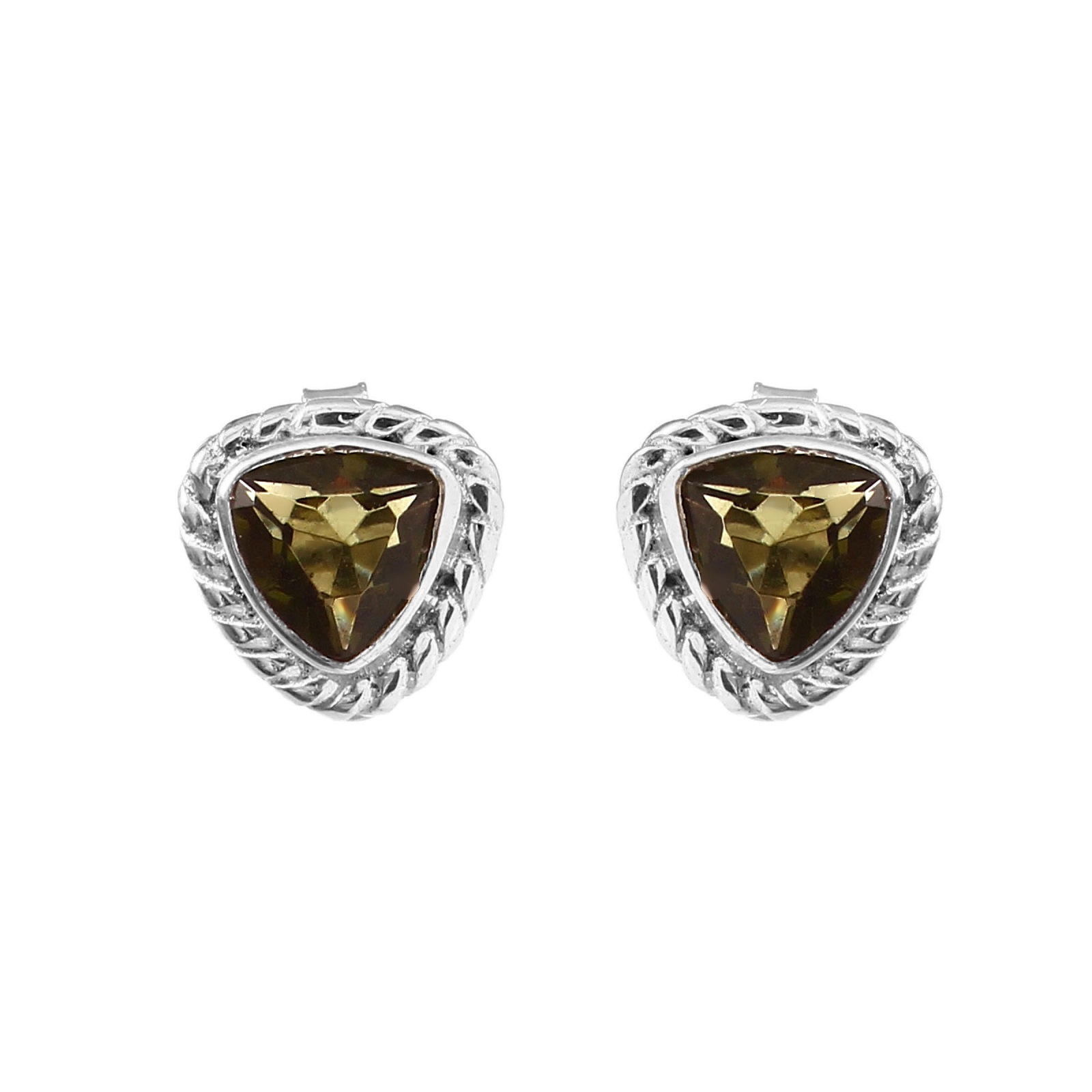 925 Sterling Silver Trillion Shape Brown CZ Stud Earrings