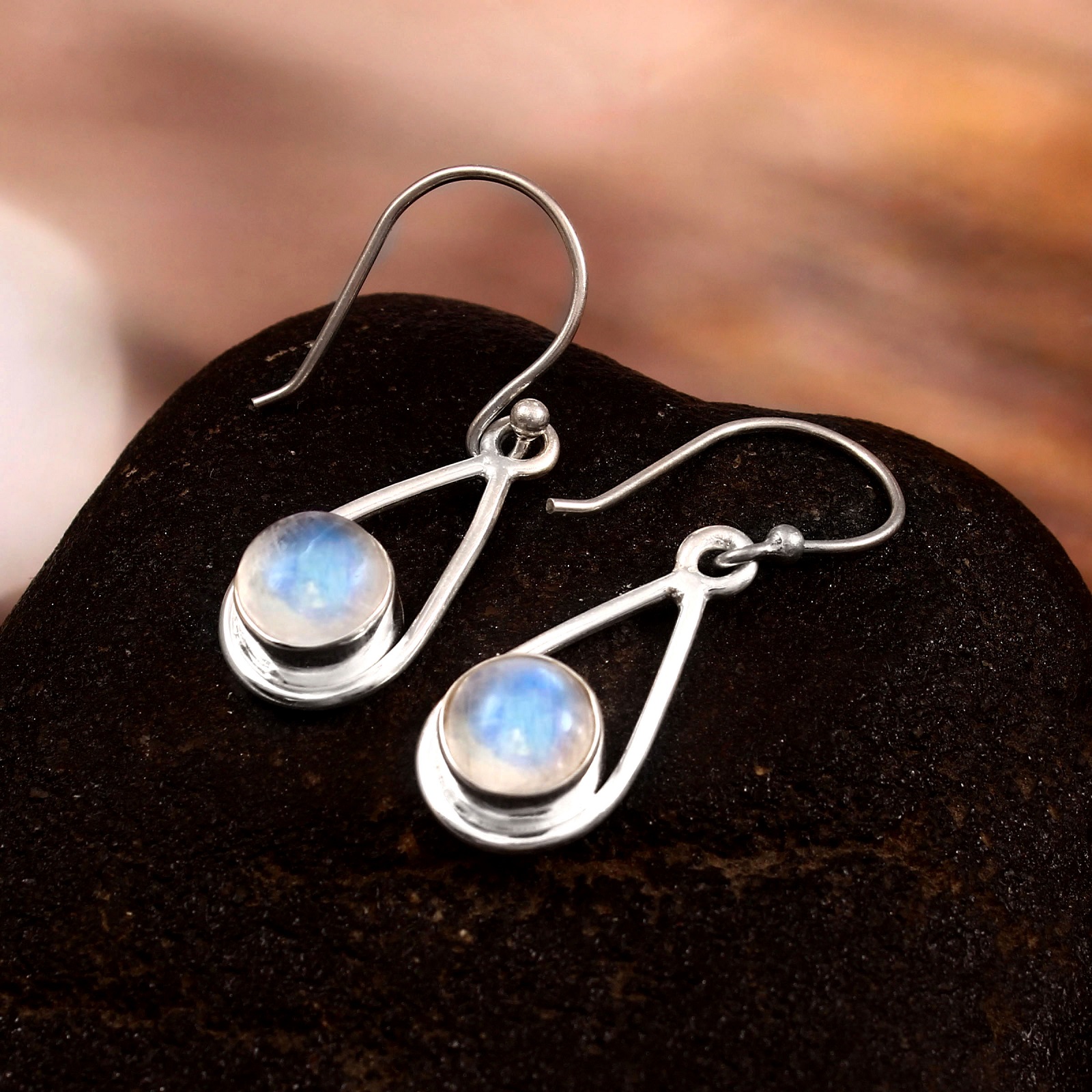 925 Sterling Silver Rainbow Moonstone Earrings Dangle