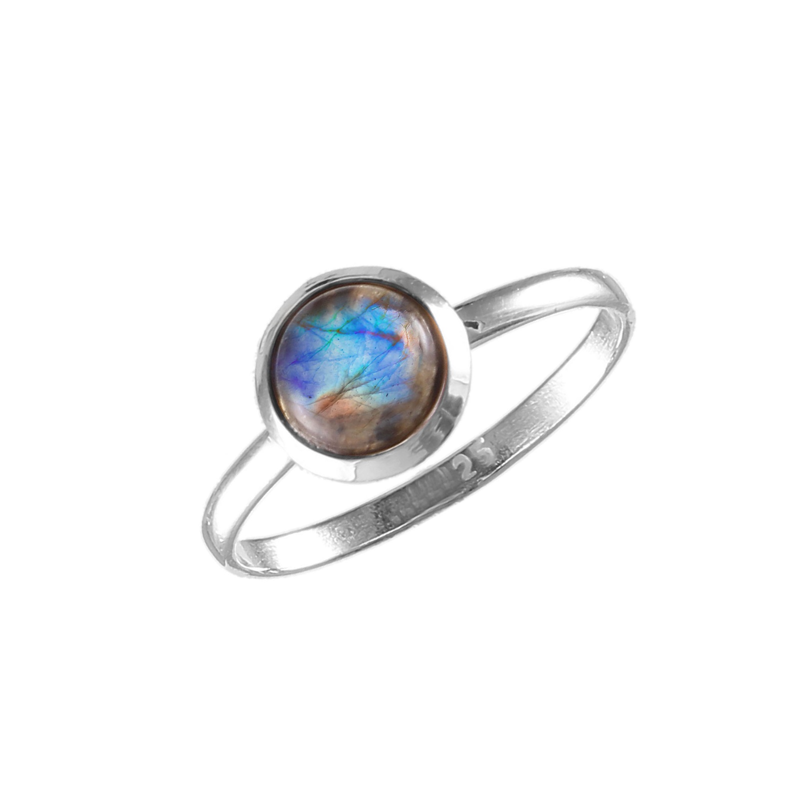 925 Sterling Silver Round Rainbow Moonstone Gemstone Ring