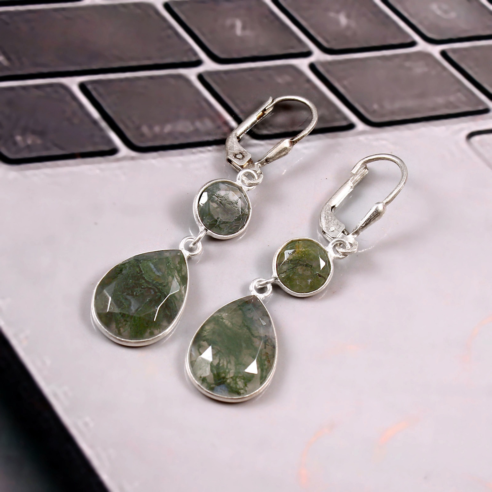 925 Sterling Silver Moss Agate Gemstone Dangle Earrings