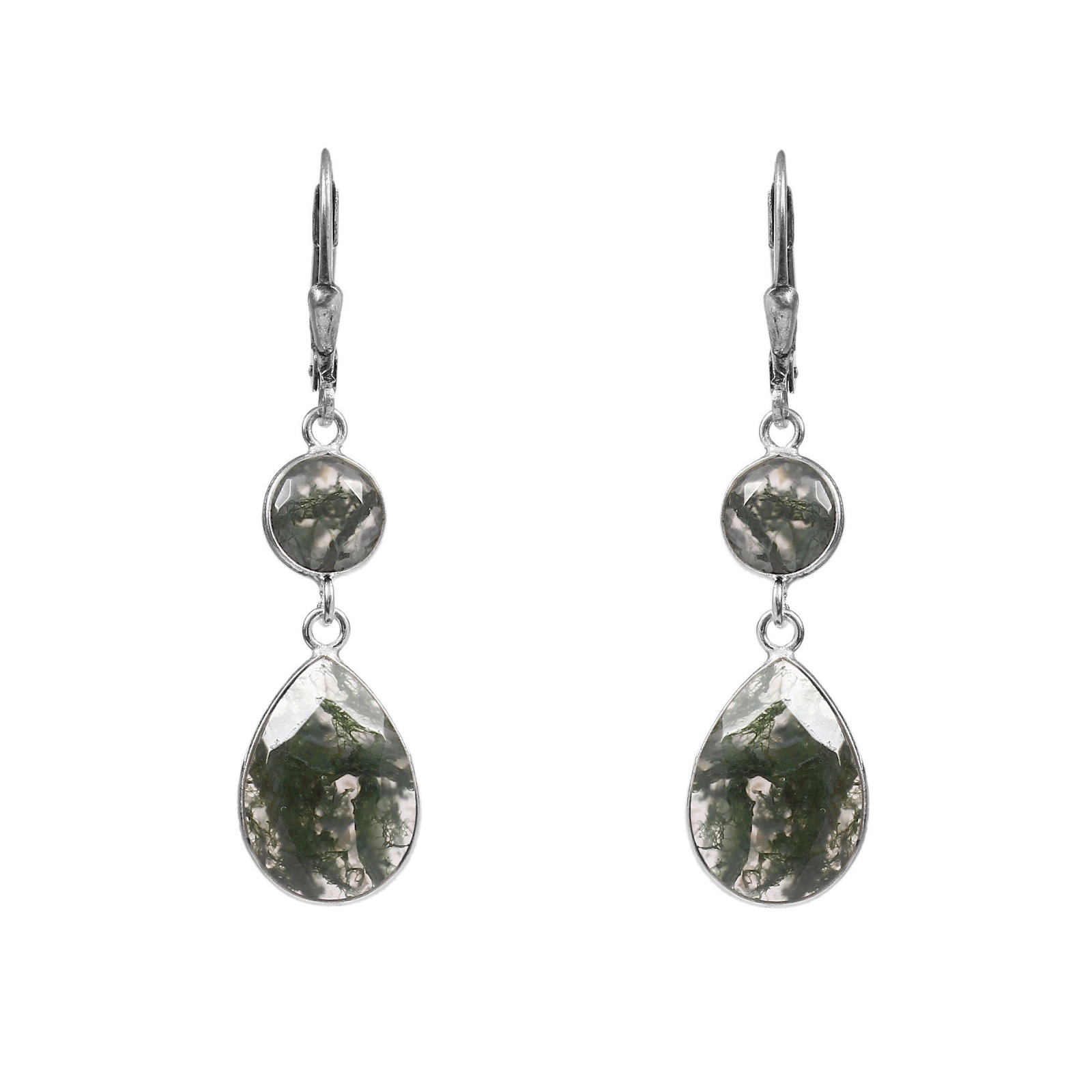 925 Sterling Silver Moss Agate Gemstone Dangle Earrings