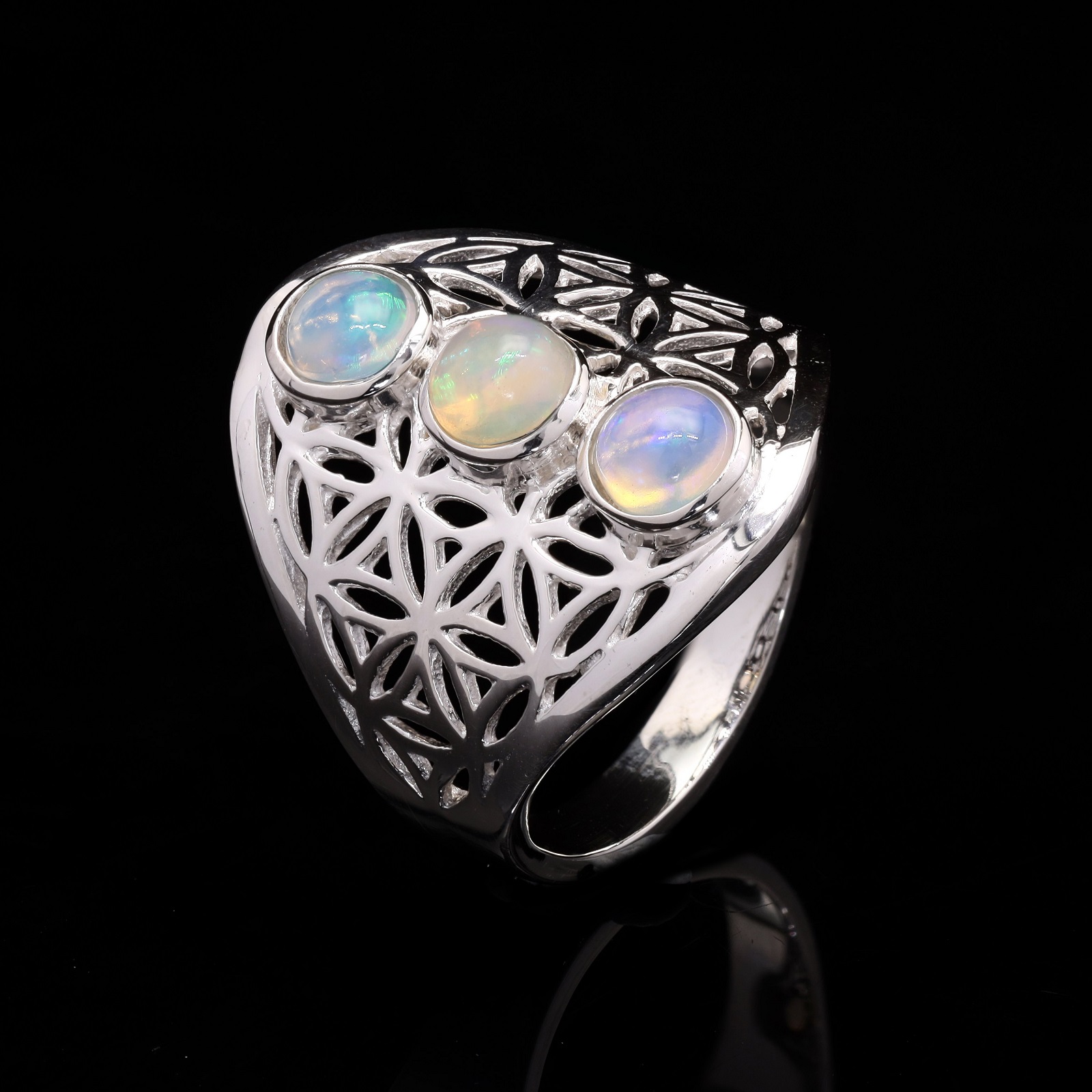 925 Sterling Silver Multi Ethiopian Opal Gems Mandala Ring
