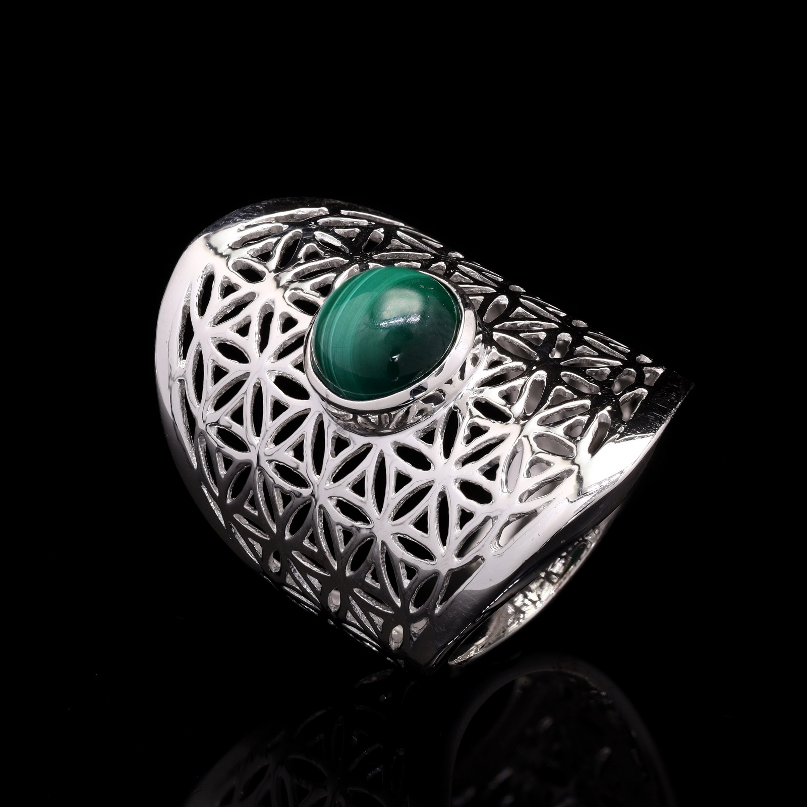 925 Sterling Silver Malachite Gemstone Mandala Art Ring