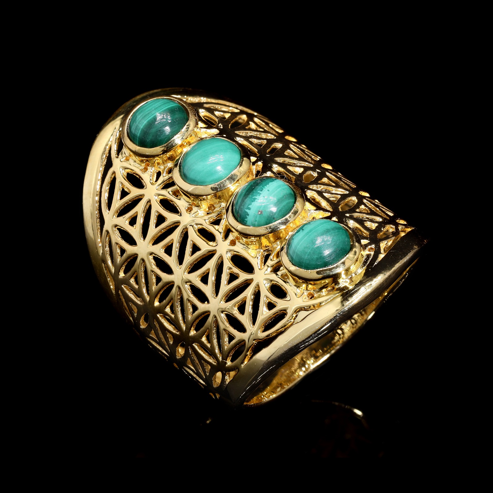 Gold Plated 925 Sterling Silver Multi Malachite Mandala Ring