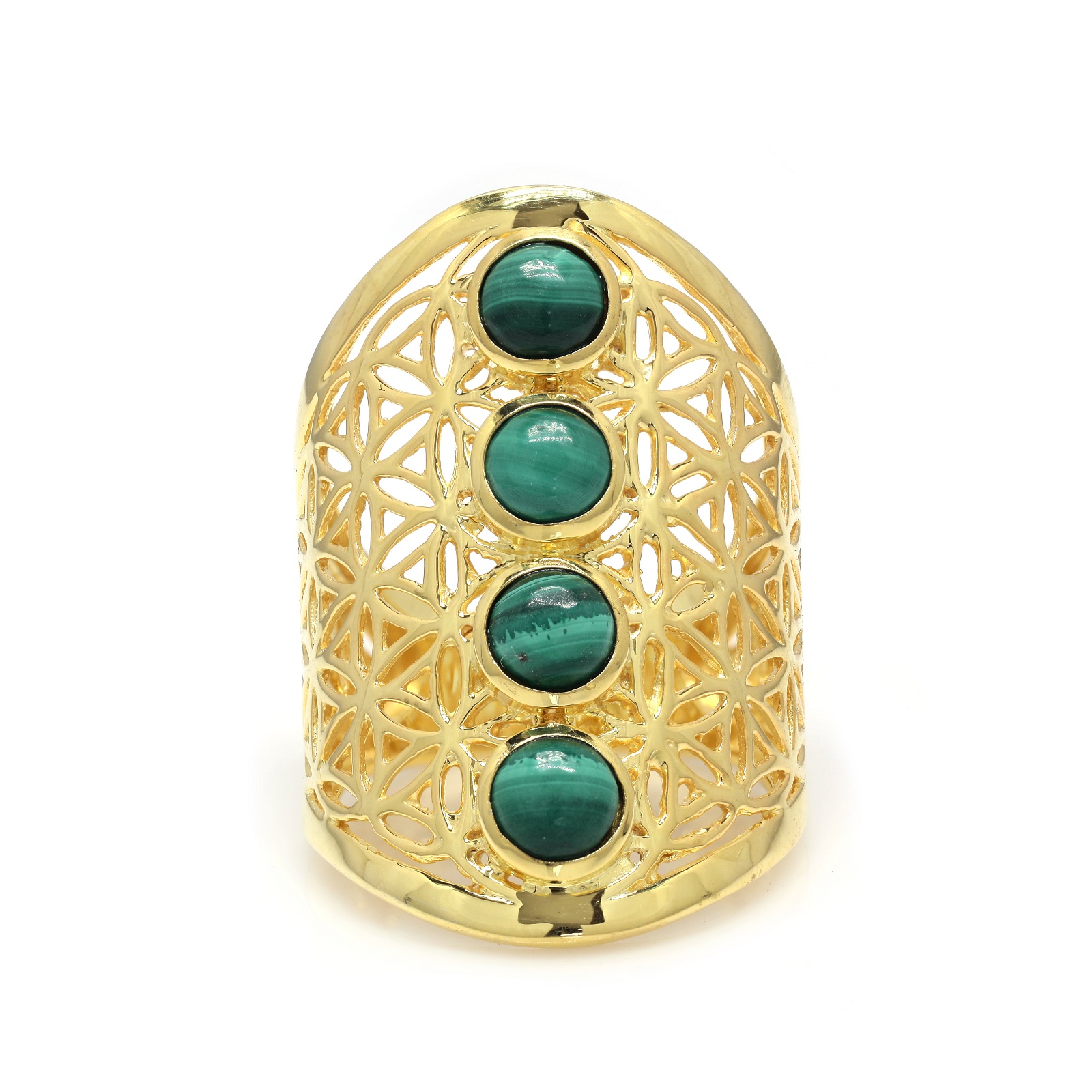Gold Plated 925 Sterling Silver Multi Malachite Mandala Ring