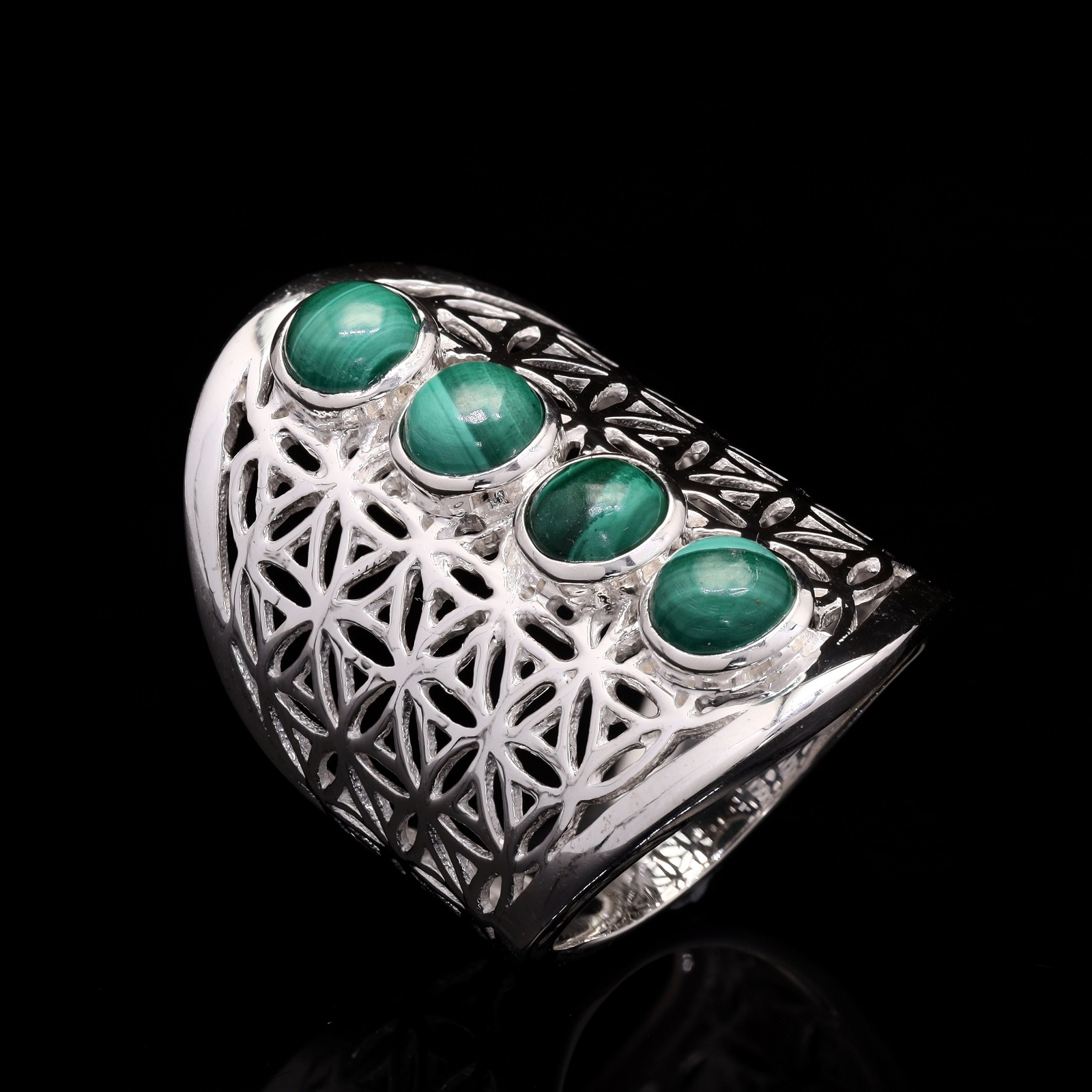 925 Sterling Silver Multi Round Malachite Mandala Art Ring