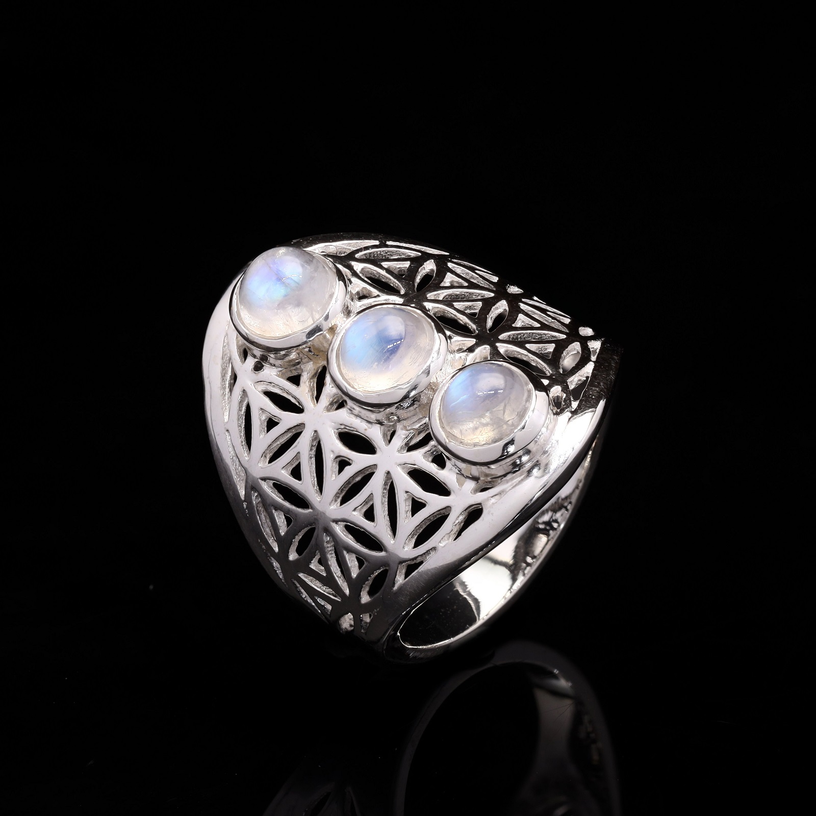 925 Sterling Silver Round Rainbow Moonstone Mandala Rings