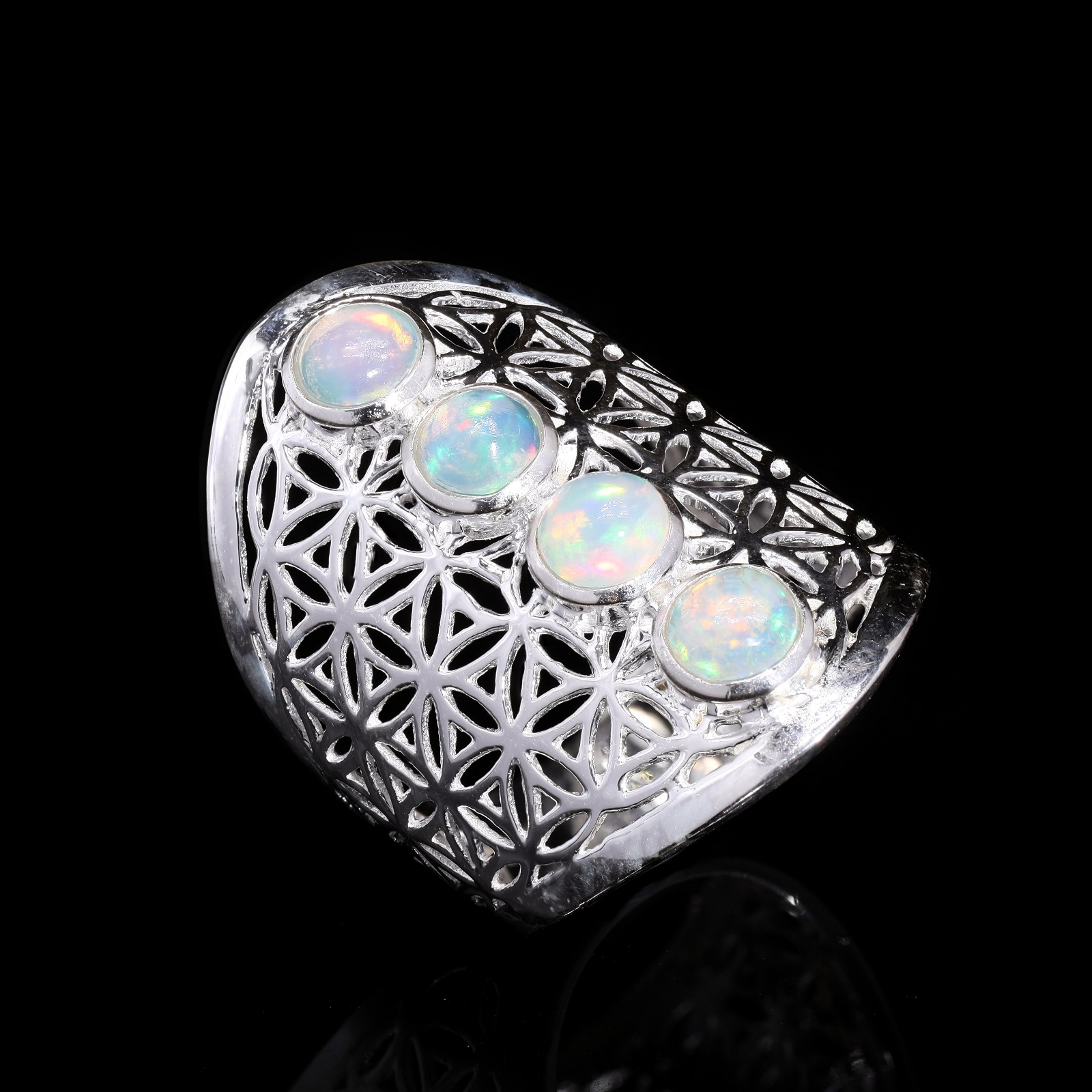 925 Sterling Silver Round Ethiopian Opal Mandala Design Ring
