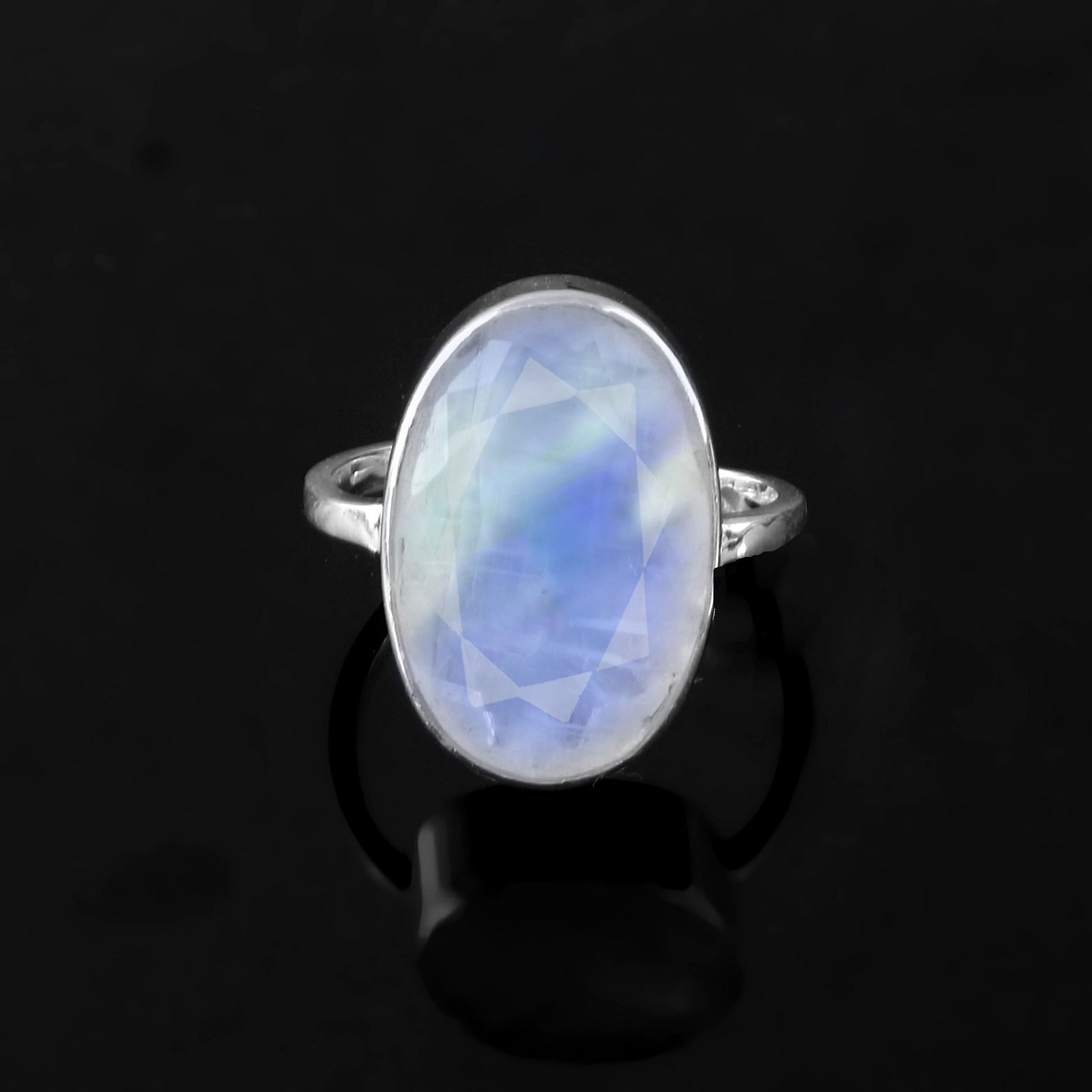 Adjustable 925 Sterling Silver Oval Rainbow Moonstone Ring