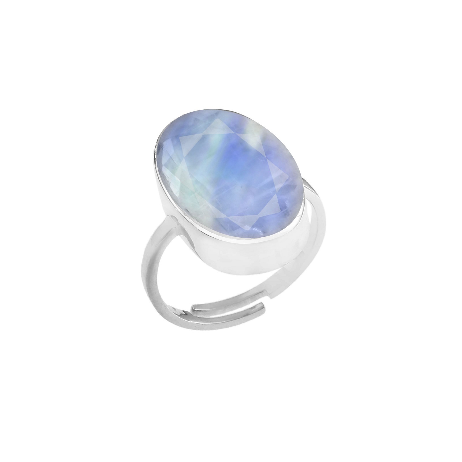Adjustable 925 Sterling Silver Oval Rainbow Moonstone Ring