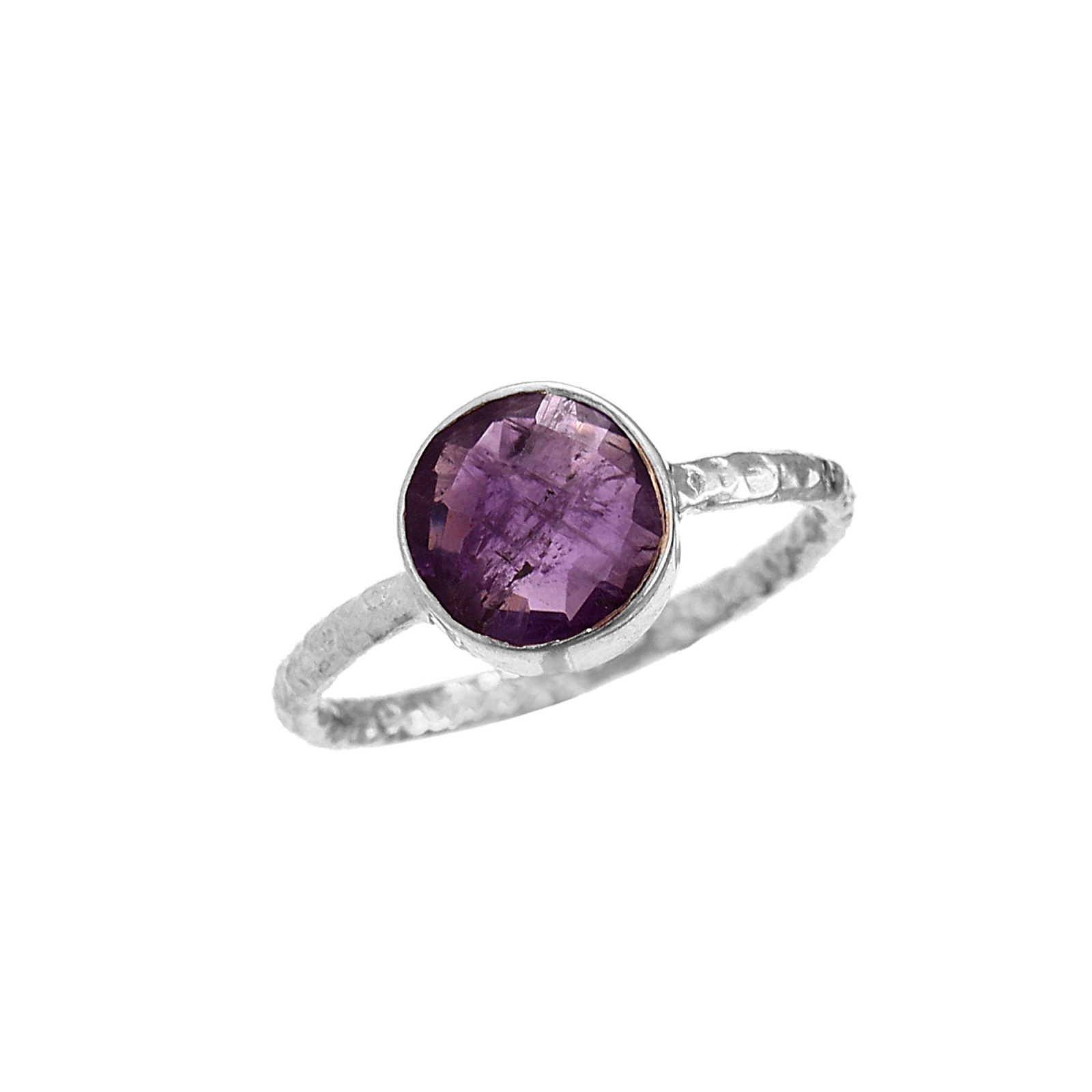 925 Sterling Silver Round Amethyst Gemstone Hammered Ring