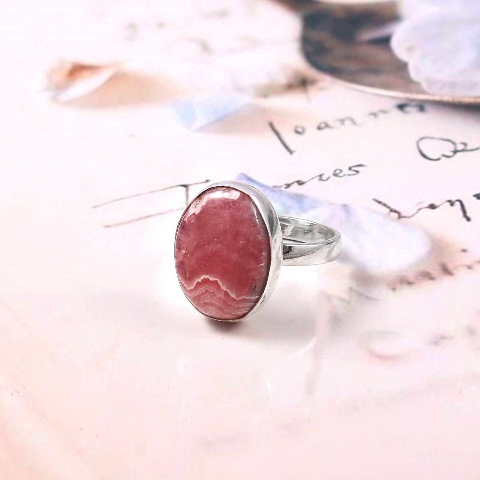925 Sterling Silver Oval Rhodochrosite Gemstone Ring Jewelry