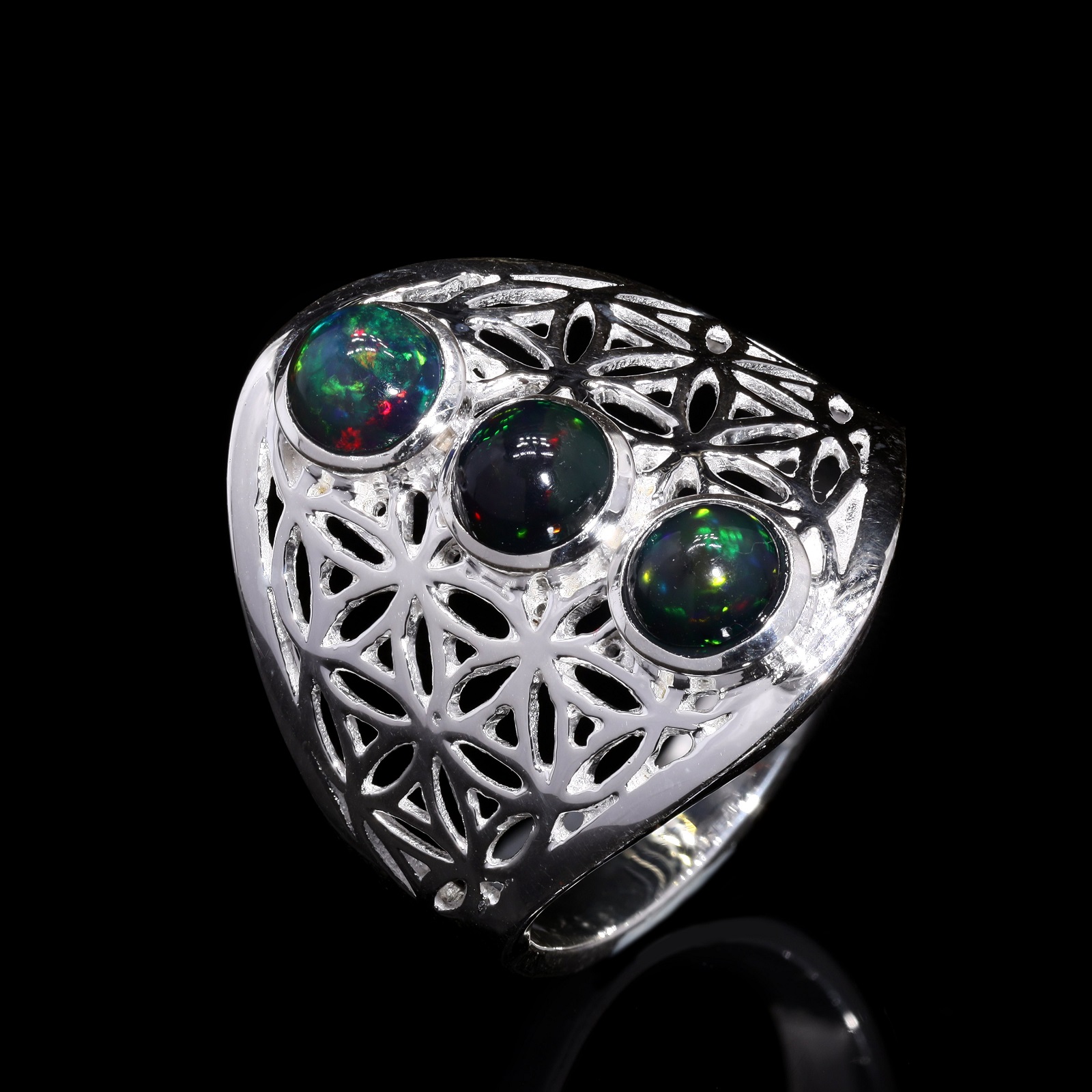 925 Sterling Silver Mandala Designs Art Black Opal Rings