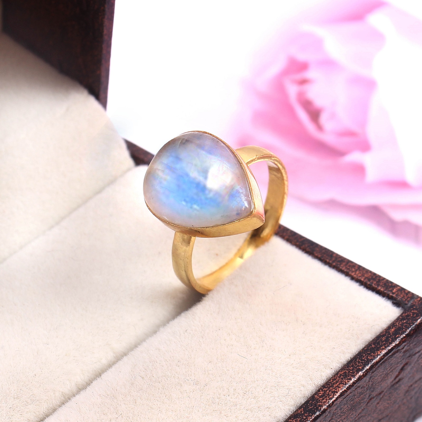925 Sterling Silver Pear Rainbow Moonstone Statement Rings