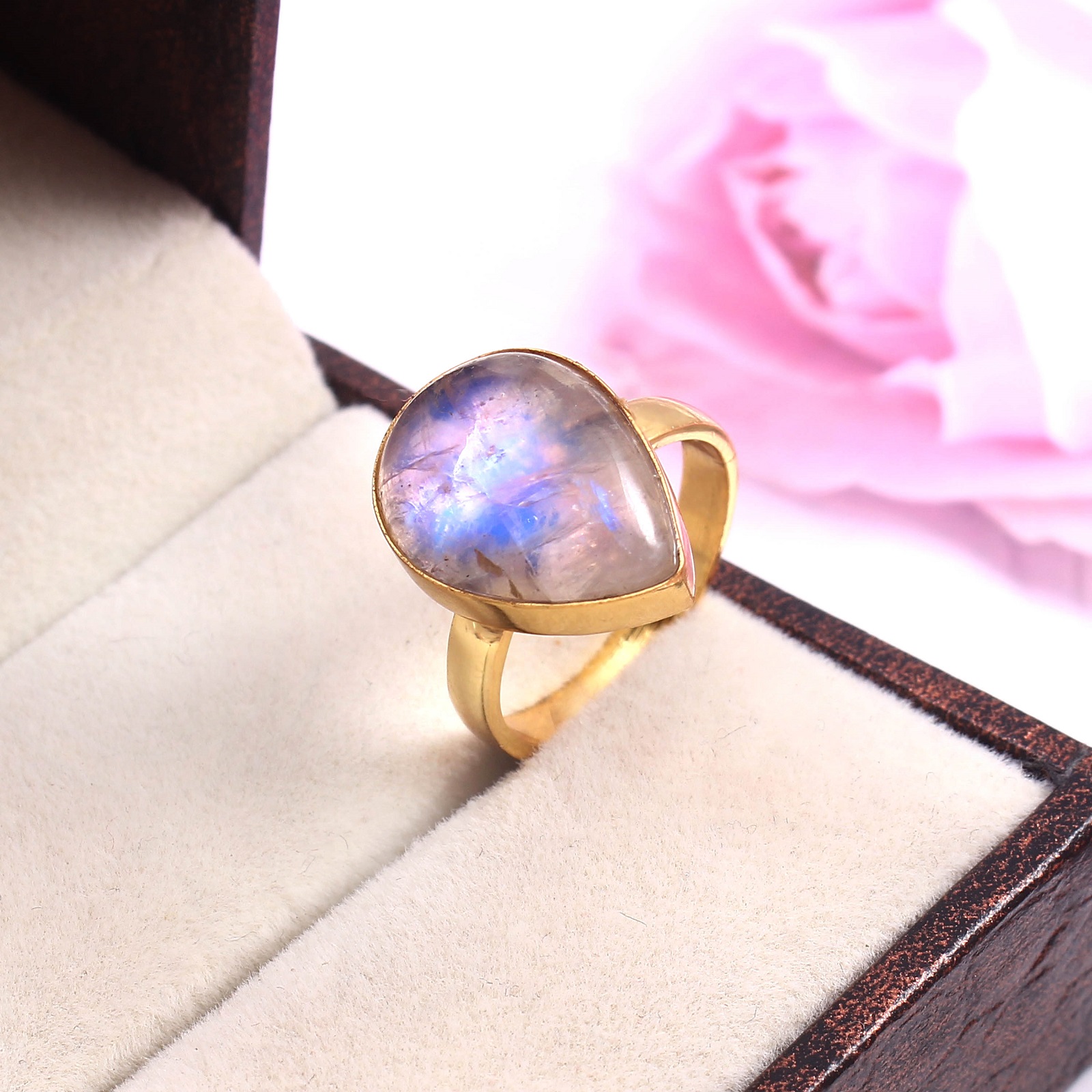 925 Sterling Silver Pear Blue Fire Rainbow Moonstone Rings