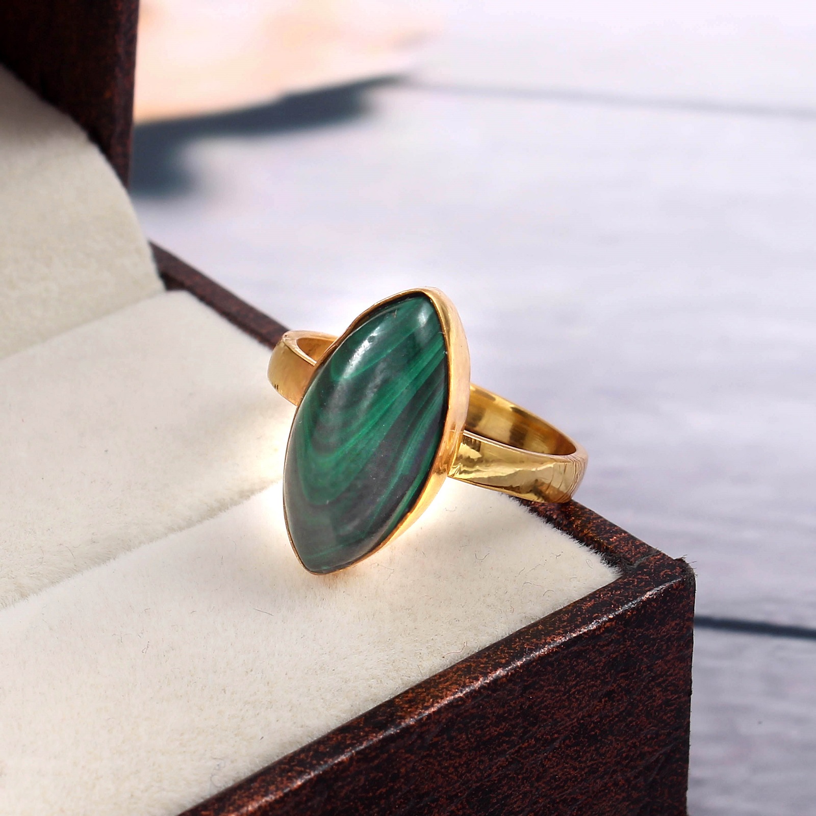Gold Plated 925 Sterling Silver Marquise Malachite Ring