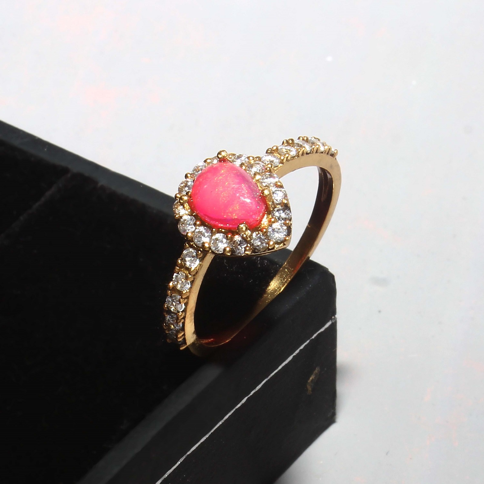 Gold Plated 925 Sterling Silver Pink Opal Dyed And CZ Rings