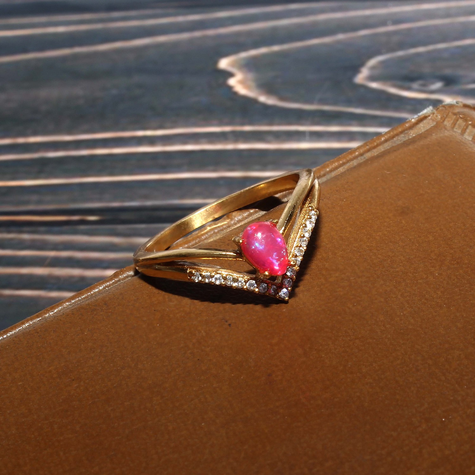 Gold Plated 925 Sterling Silver Pink Pear Opal Dyed CZ Rings