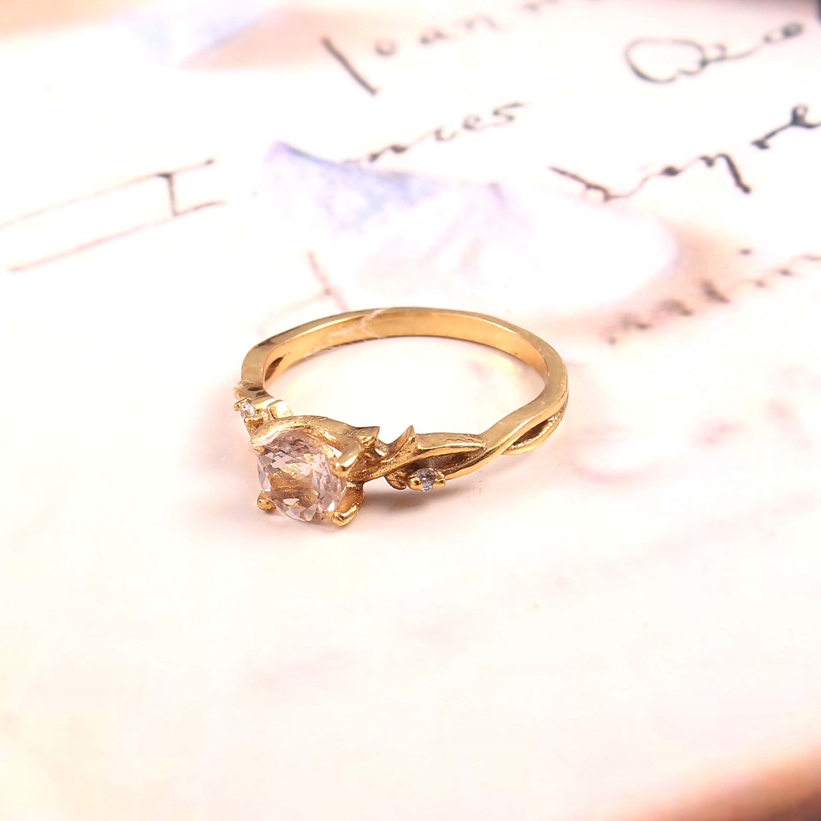 Gold Plated 925 Sterling Silver Morganite And White CZ Ring