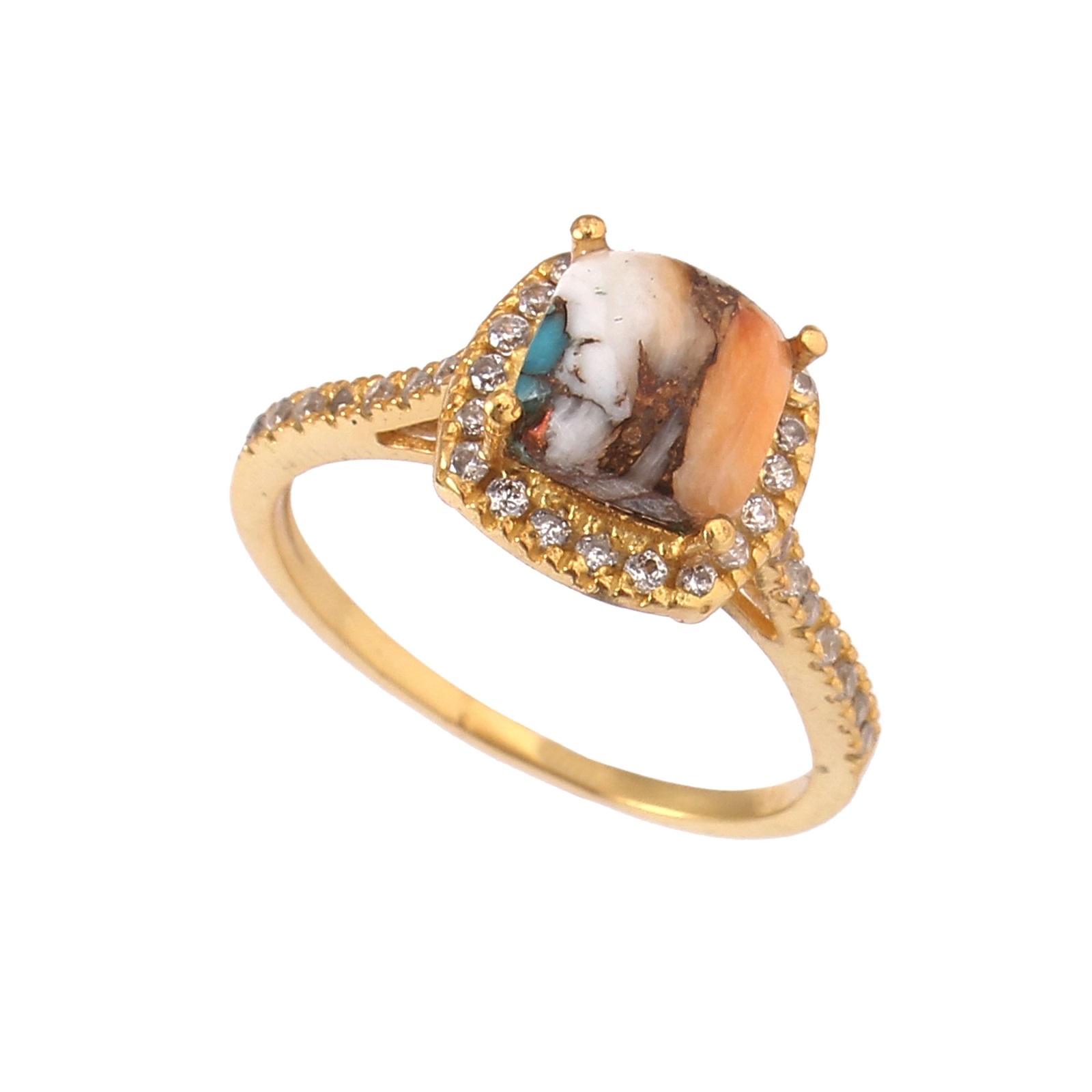 Gold Plated 925 Sterling Silver Oyster Turquoise And CZ Ring