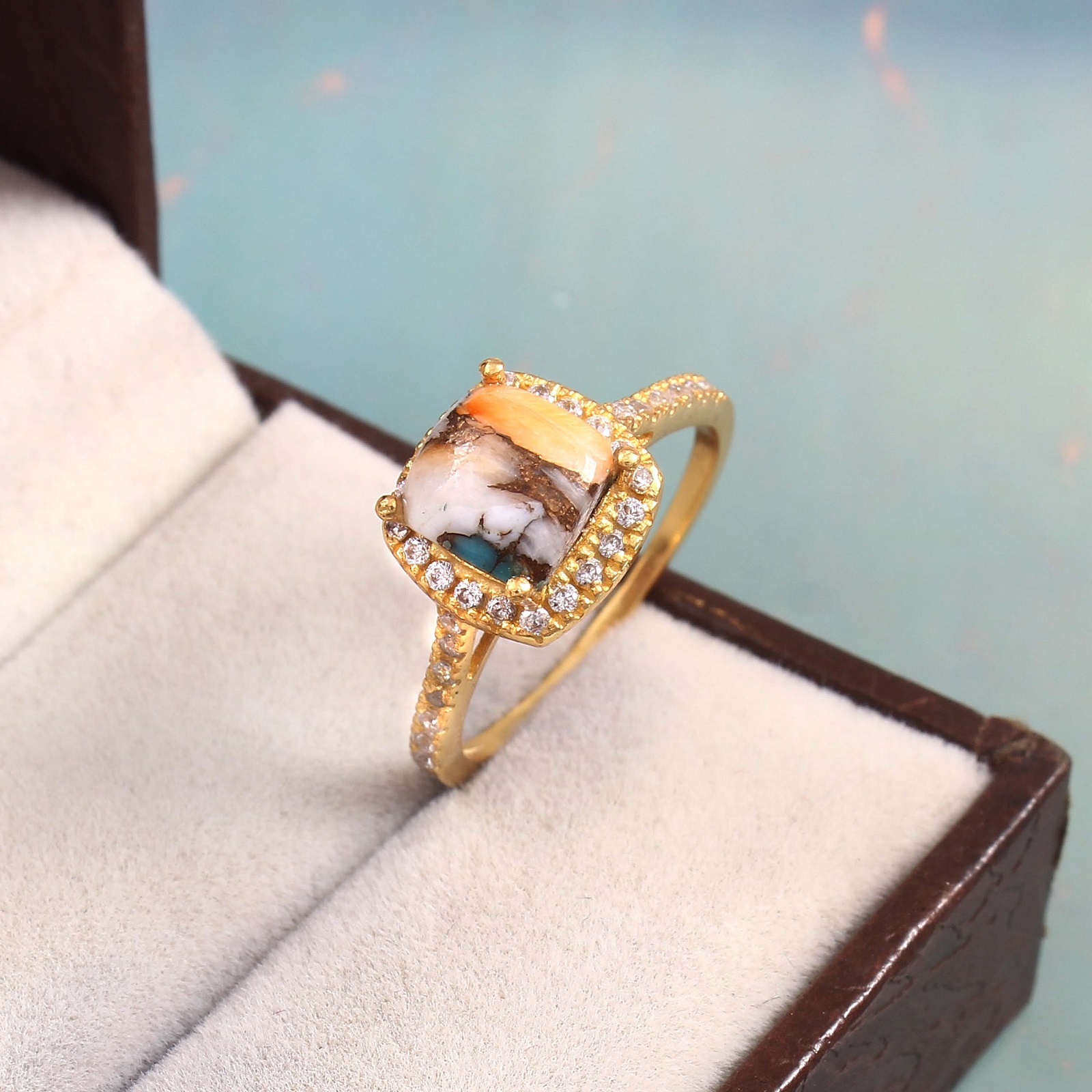Gold Plated 925 Sterling Silver Oyster Turquoise And CZ Ring