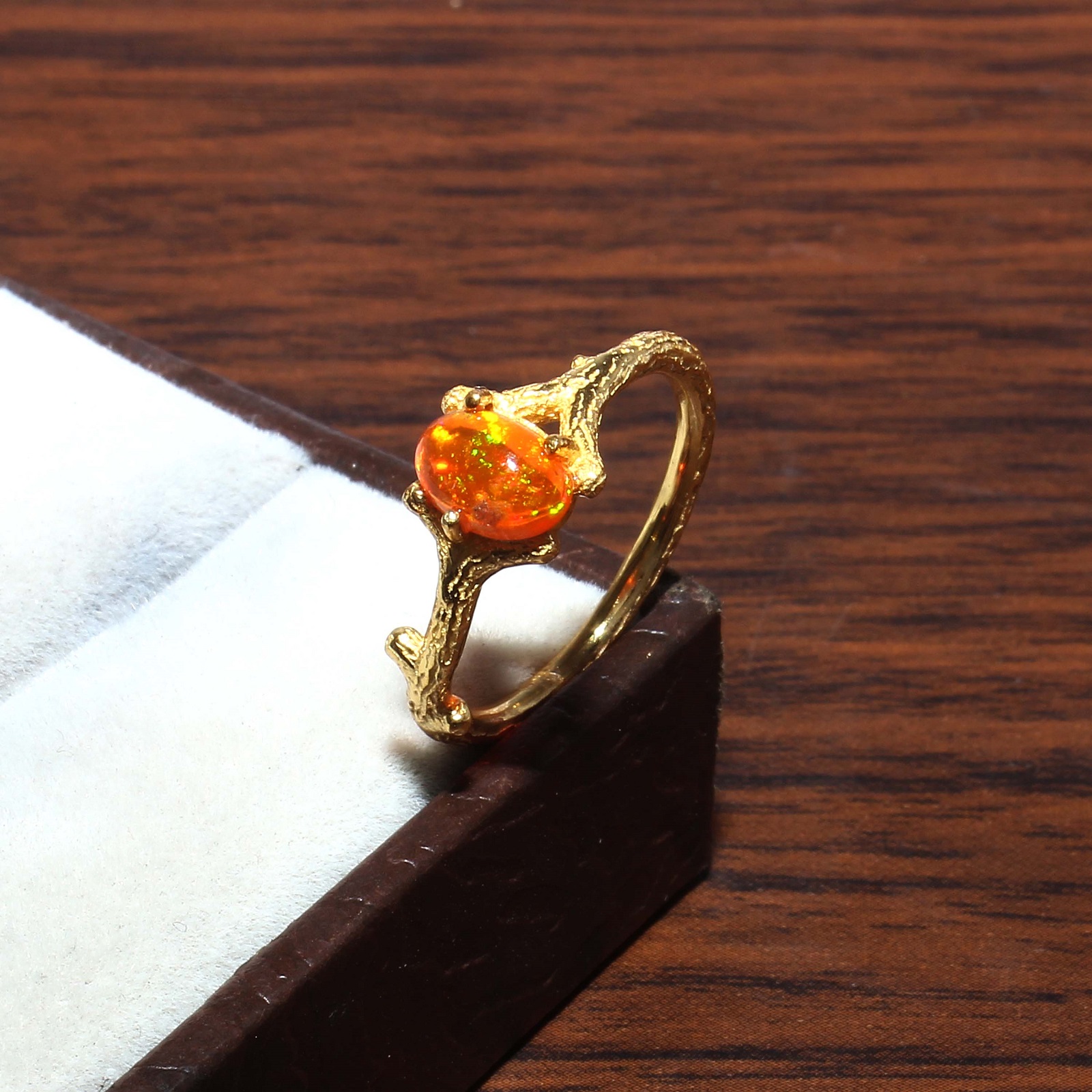 Gold Plated 925 Sterling Silver Red Opal Dyed Branch Ring