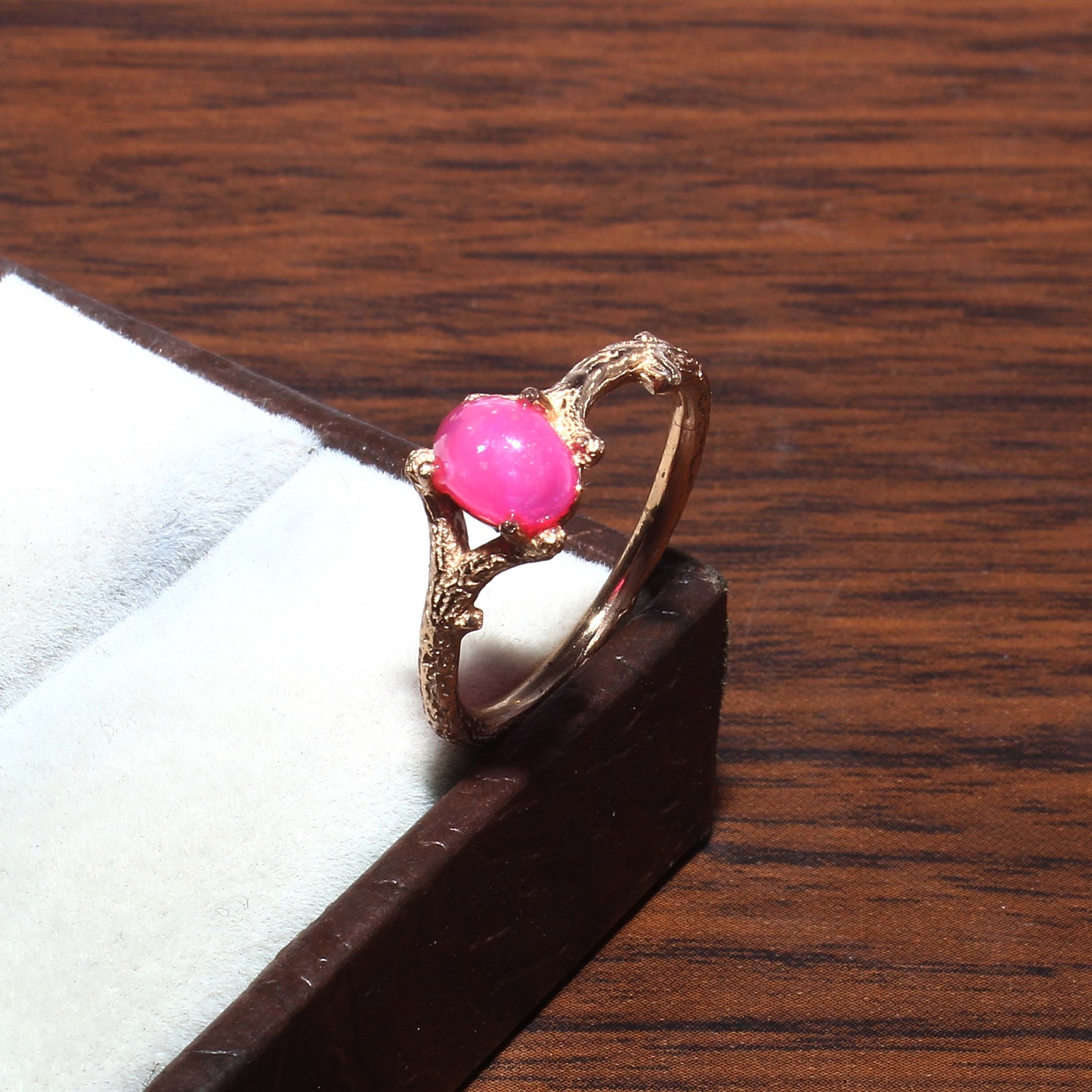 Gold Plated 925 Sterling Silver Pink Opal Dyed Branch Ring