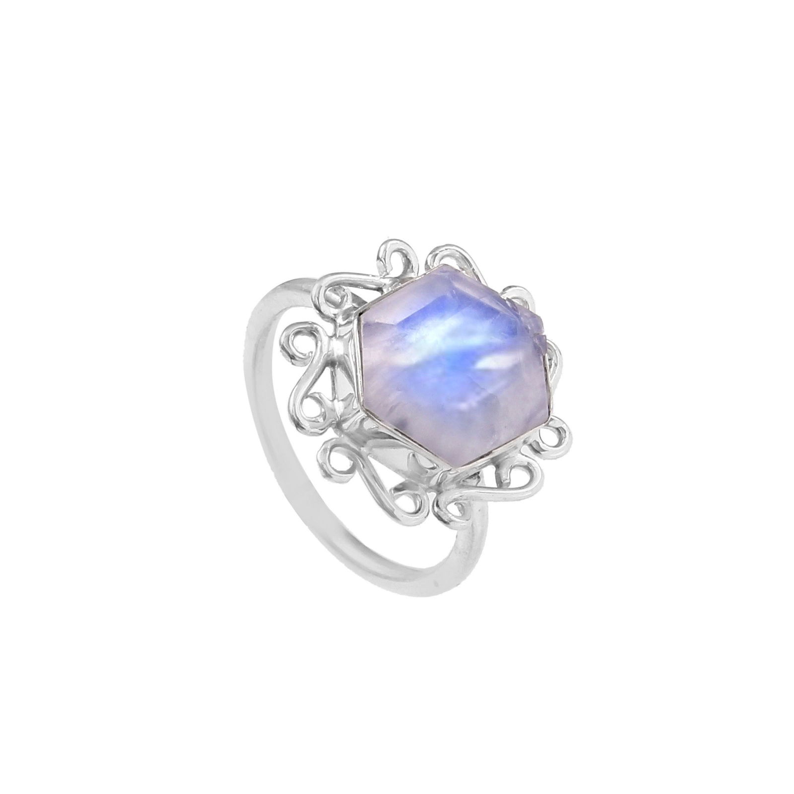 925 Sterling Silver Hexagon Shaped Rainbow Moonstone Ring
