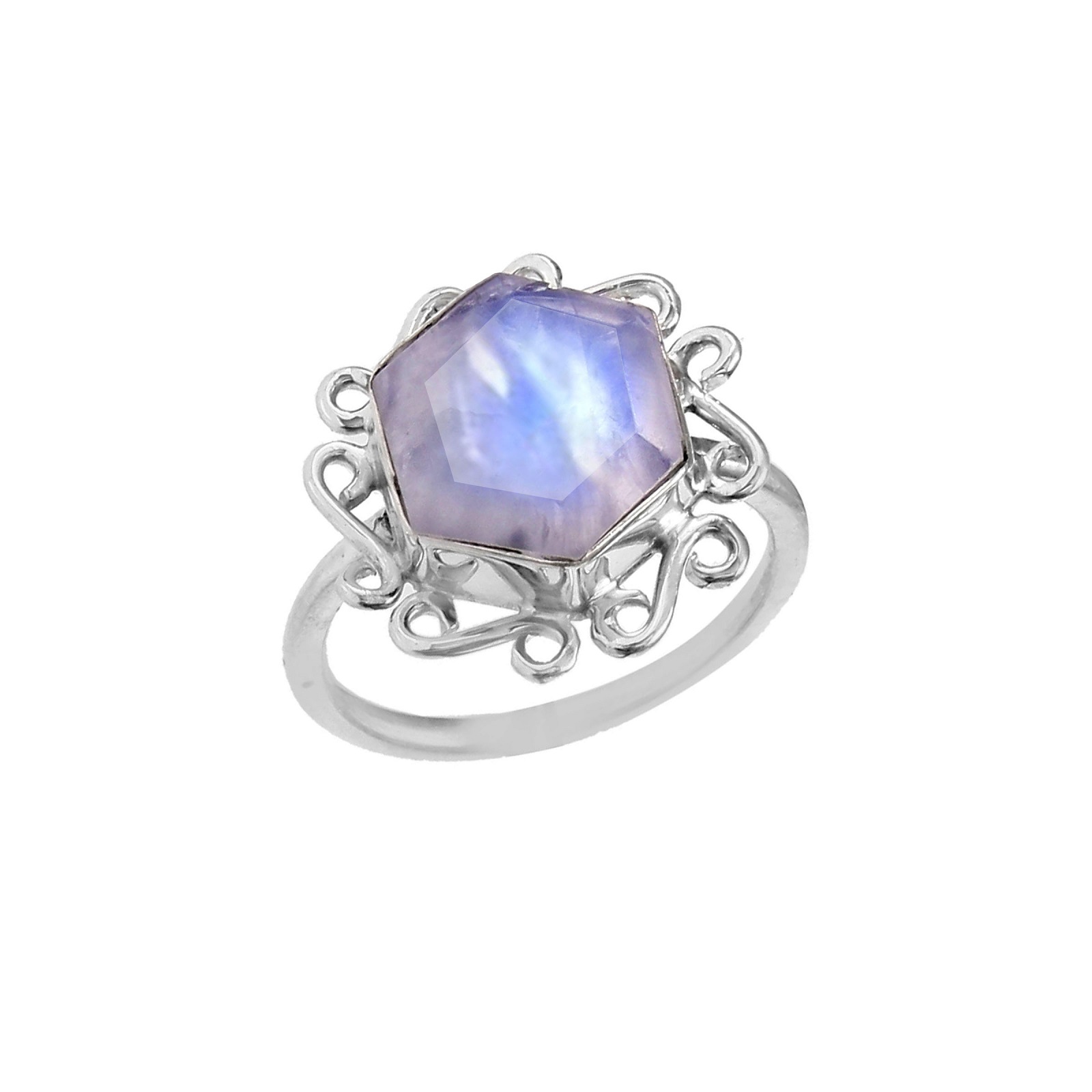 925 Sterling Silver Hexagon Shaped Rainbow Moonstone Ring