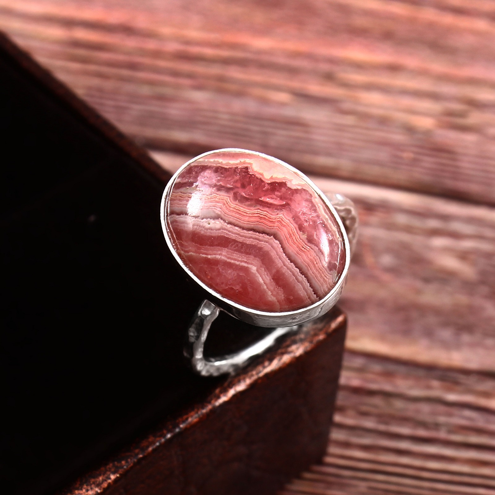 925 Sterling Silver Natural Rhodochrosite Textured Band Ring