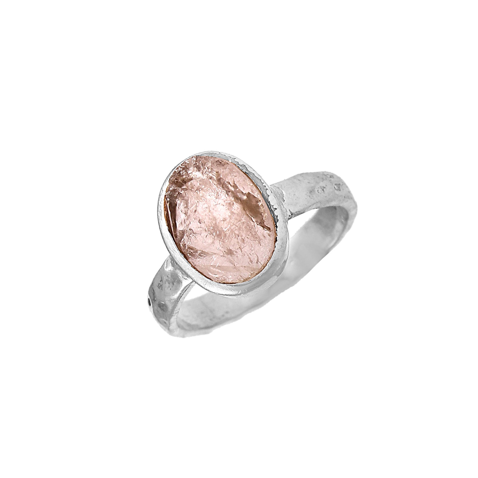 925 Sterling Silver Natural Raw Rose Quartz Hammered Ring