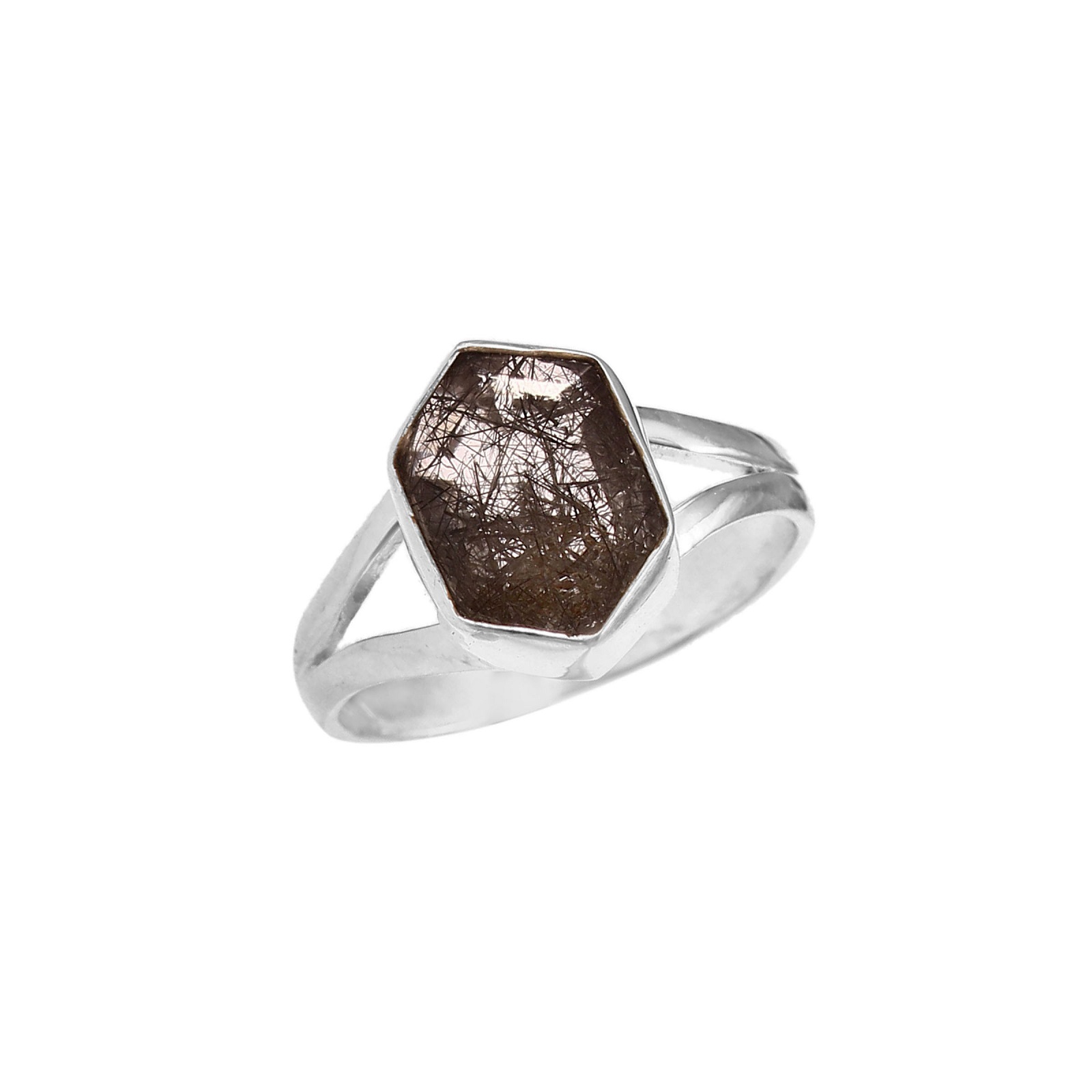925 Sterling Silver Hexagon Shape Black Rutile Quartz Ring