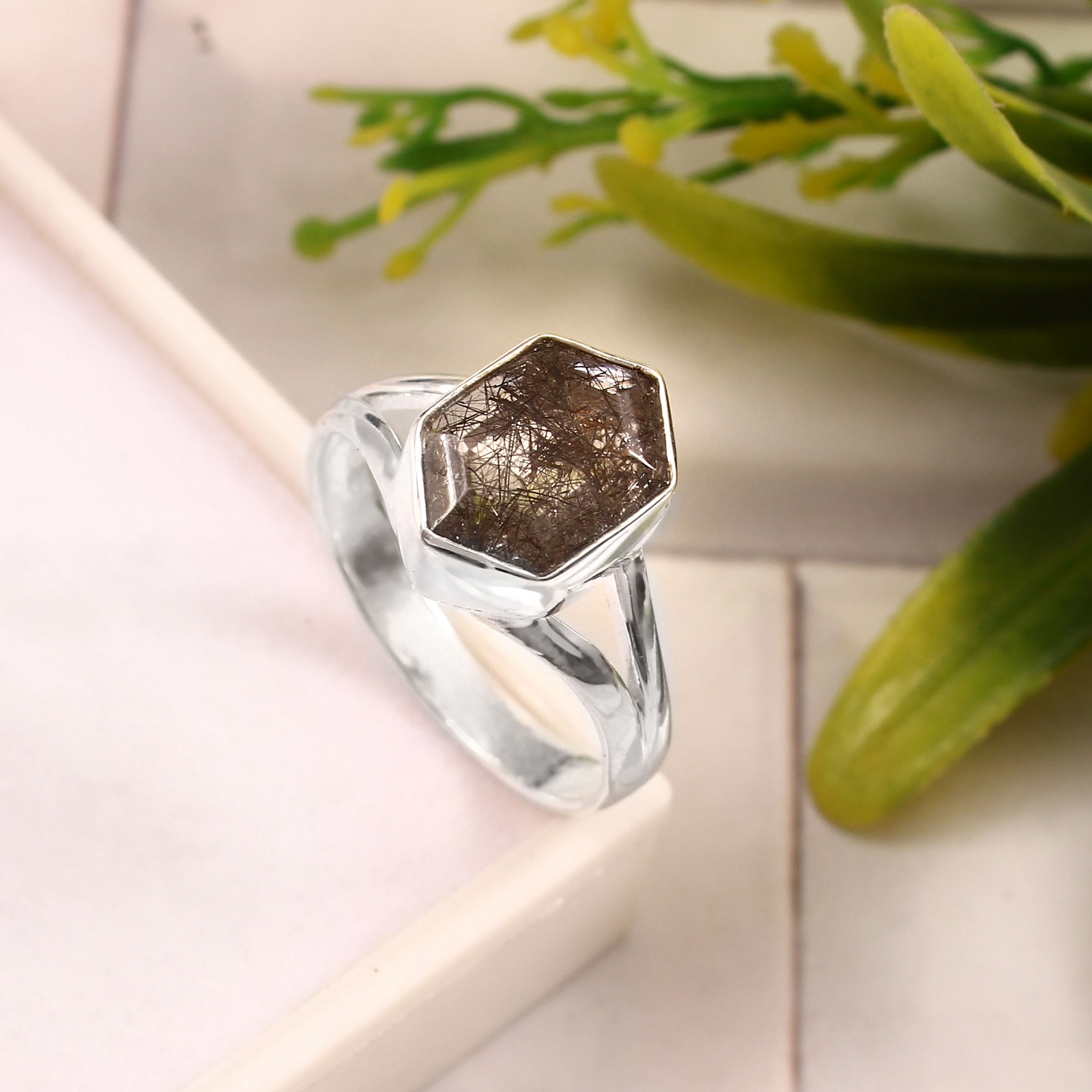 925 Sterling Silver Hexagon Shape Black Rutile Quartz Ring
