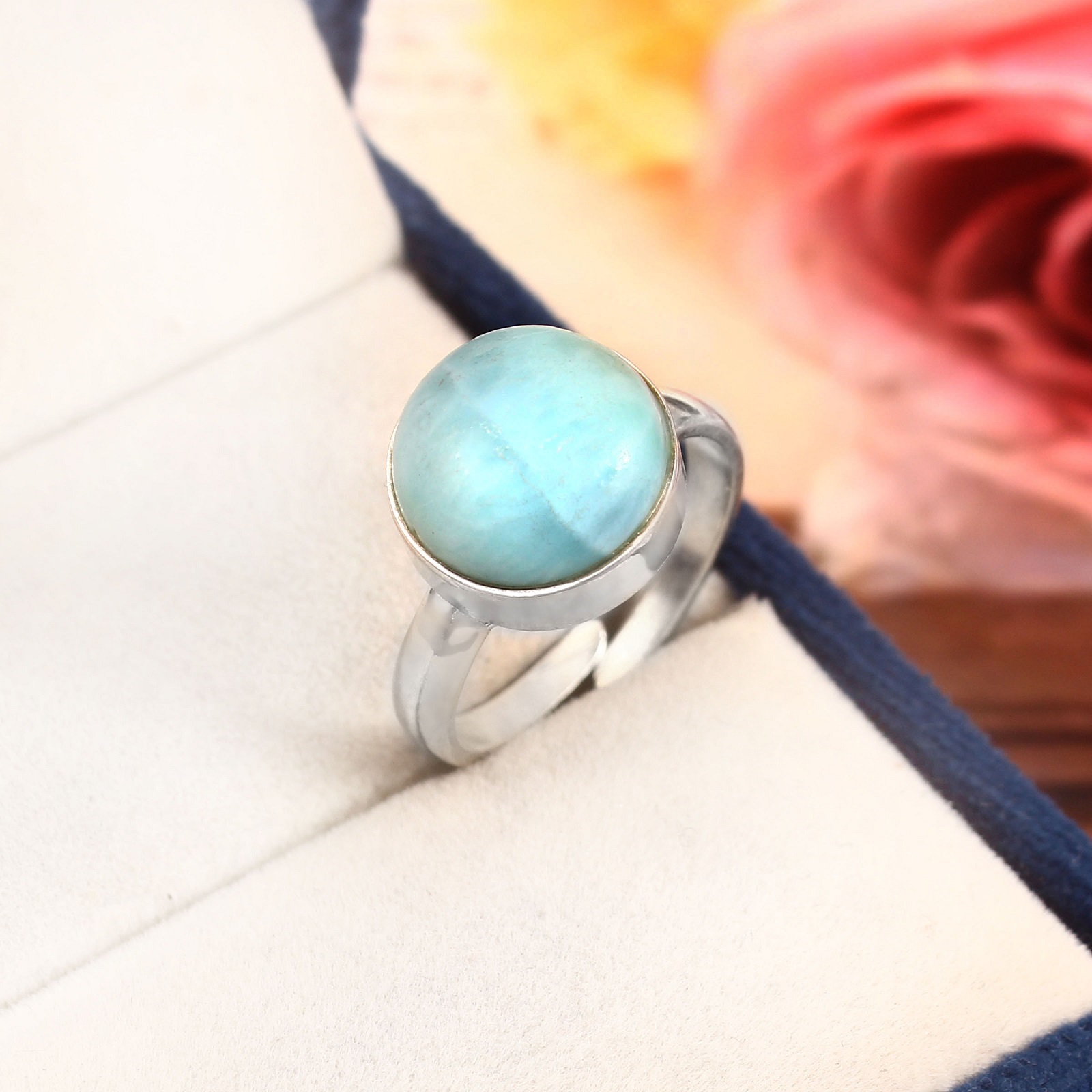 Adjustable 925 Sterling Silver Round Cabochon Larimar Ring