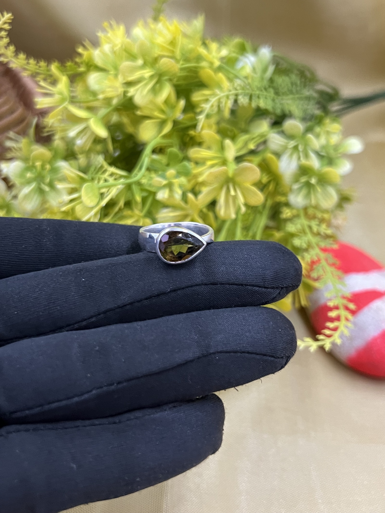 925 Sterling Silver Pear Cut Smoky Quartz Gemstone Ring