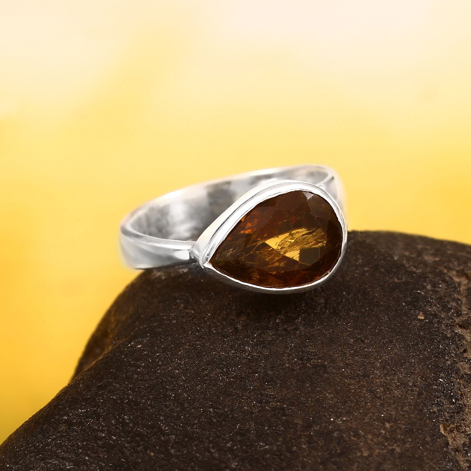 925 Sterling Silver Pear Cut Smoky Quartz Gemstone Ring