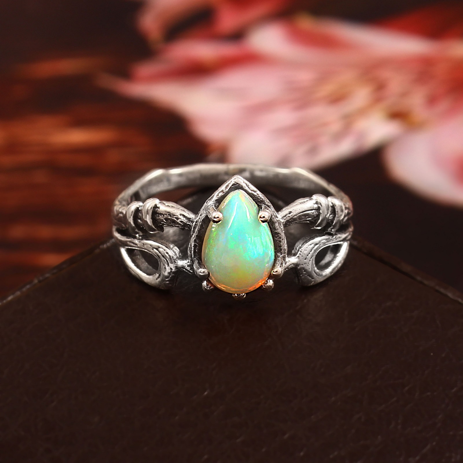 Oxidized 925 Sterling Silver Pear Orange Opal Dyed Ring