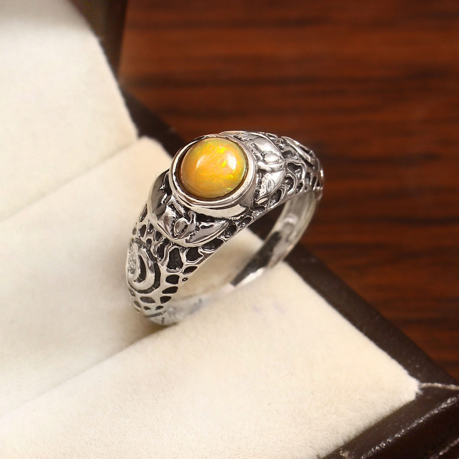 Oxidized 925 Sterling Silver Round Orange Opal Dyed Ring