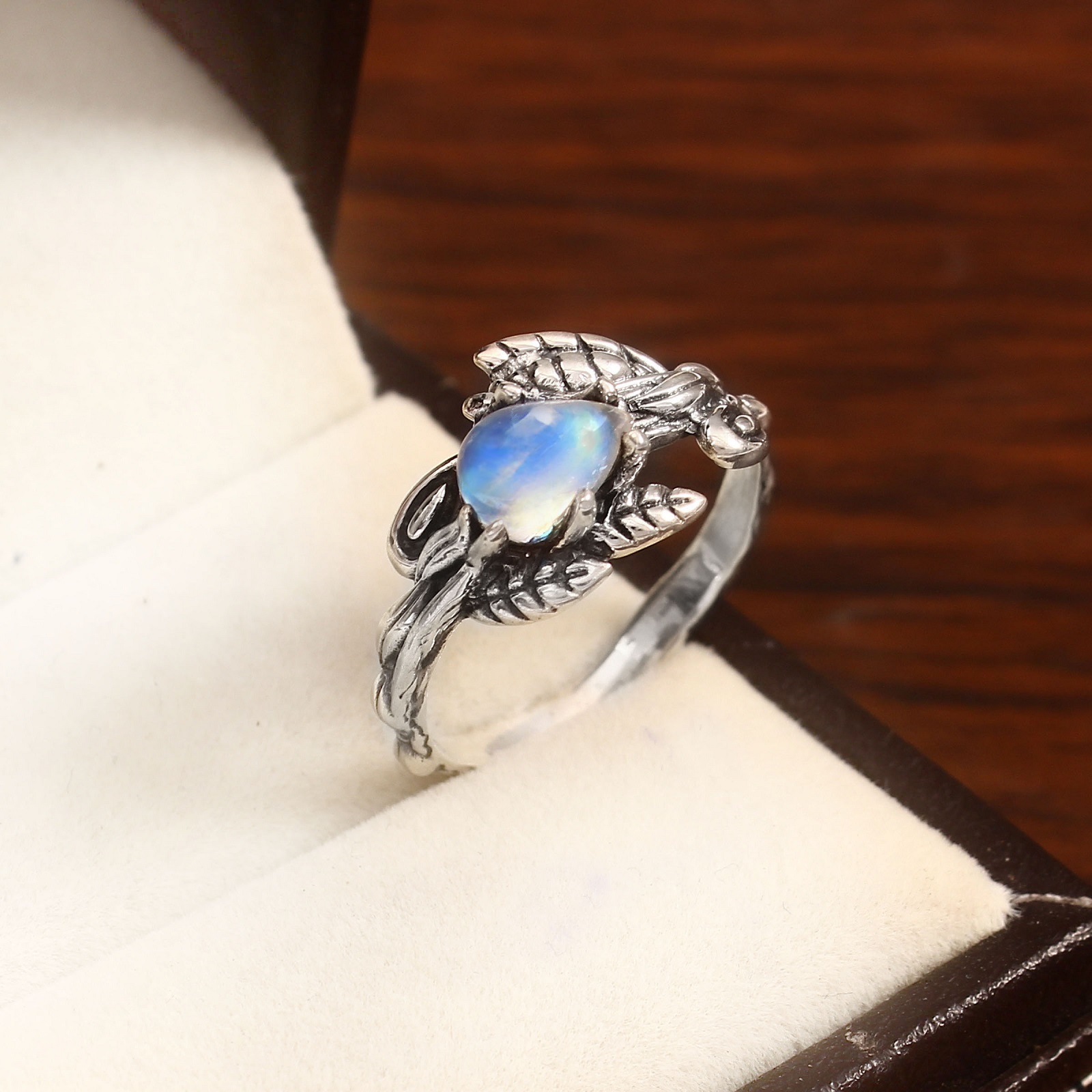 925 Sterling Silver Pear Ethiopian Opal Leaf Crafted Ring