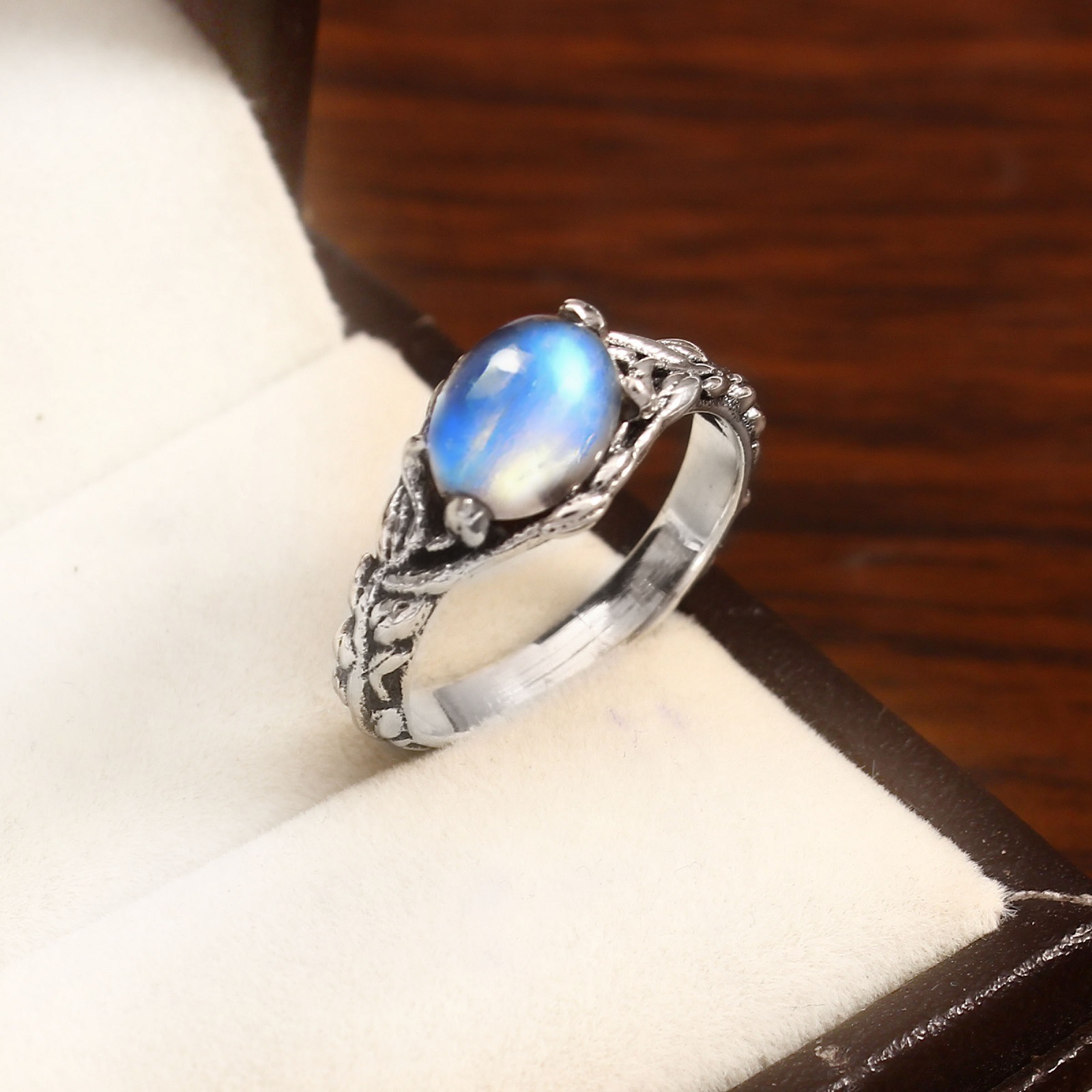 925 Sterling Silver Oval Ethiopian Opal Leaf Crafted Ring
