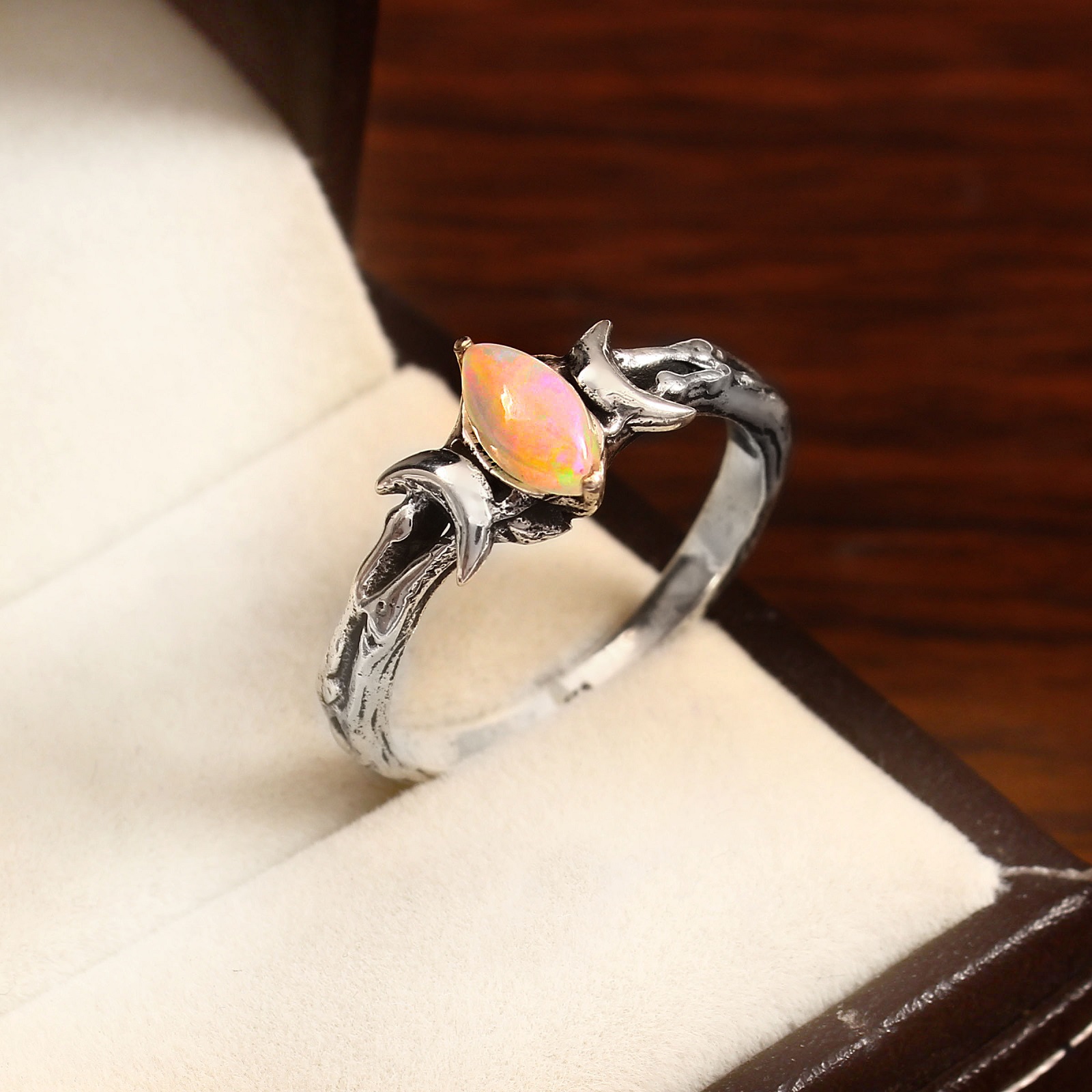 Oxidized 925 Sterling Silver Marquise Orange Opal Dyed Ring
