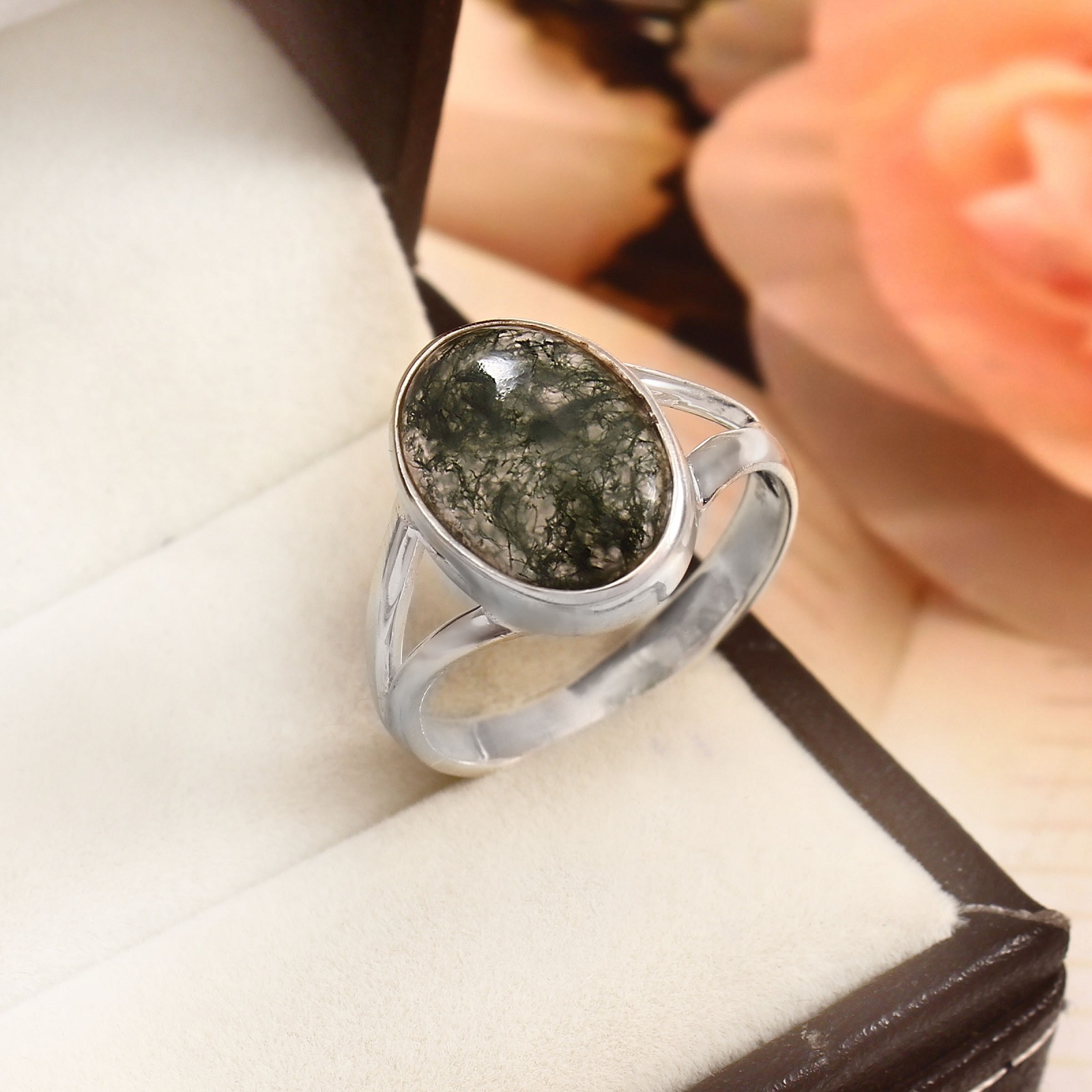 925 Sterling Silver Natural Moss Agate Gemstone Ring