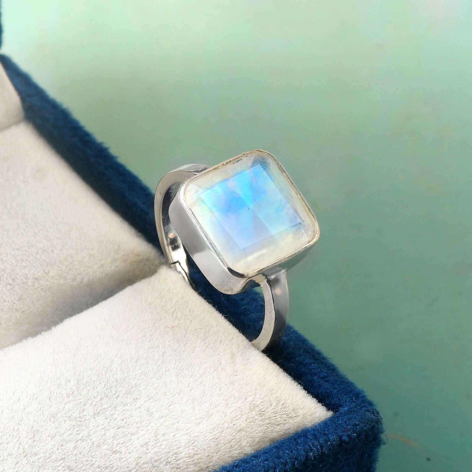 Adjustable 925 Sterling Silver Square Rainbow Moonstone Ring
